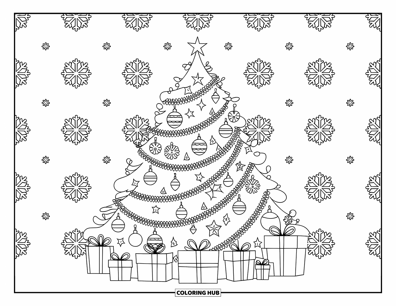 Winter Kleurplaat voor Volwassenen: Een feestelijke kerstboom versierd met ornamenten en slingers, omringd door cadeautjes en sneeuwvlokpatronen