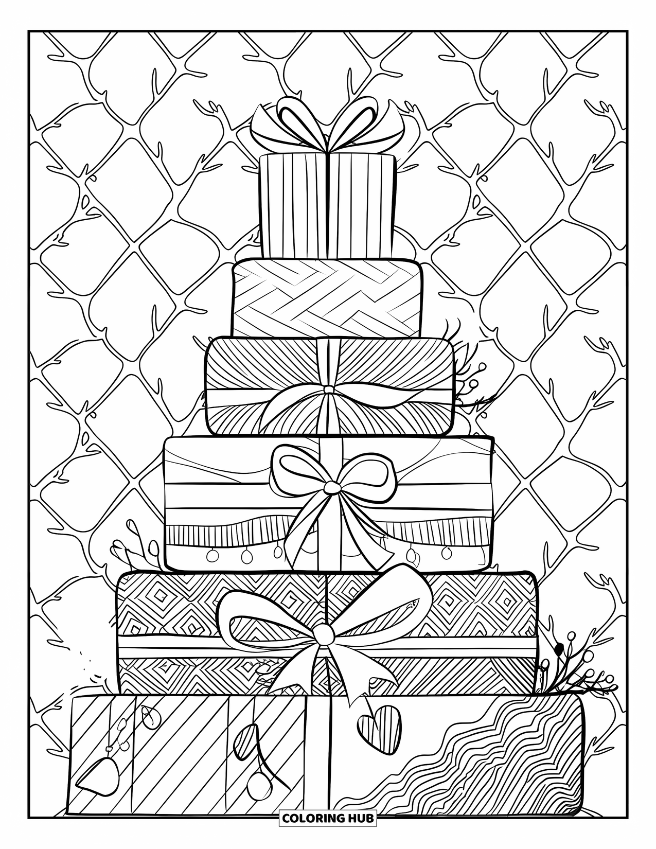 Winter Kleurplaat voor Volwassenen: Een feestelijke stapel ingepakte cadeaus met gedetailleerde linten en versieringen, omringd door verstrengelde takken