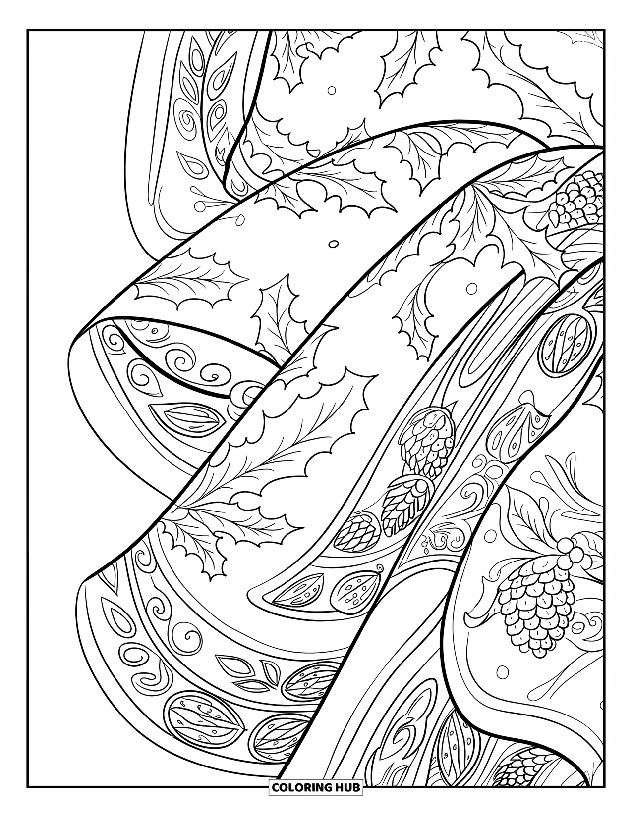 Winter Kleurplaat voor Volwassenen: Een feestelijke wintersjaal met gedetailleerde patronen van hulstbladeren, dennenappels en decoratieve krullen