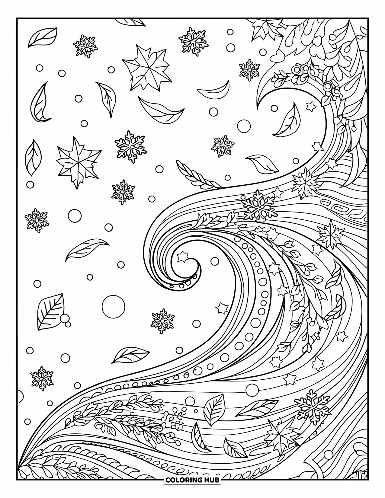 Winter Kleurplaat voor Volwassenen: Een vloeiend winterwindontwerp met delicate sneeuwvlokken, bladeren en wervelende patronen