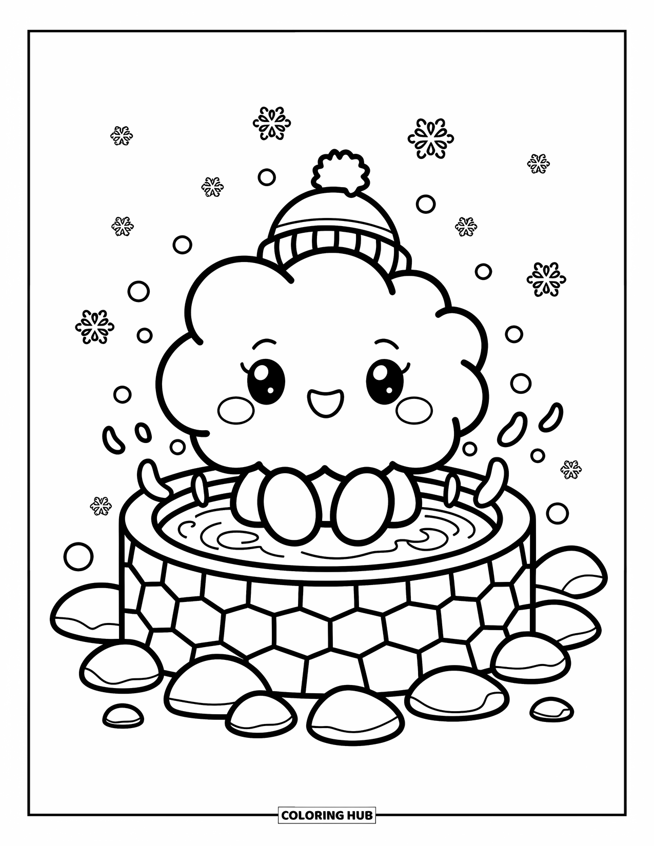 Winter Kleurplaat voor Volwassenen: Een pluizig wolkenfiguur zit in een stomende hete bron, met zachtjes vallende sneeuwvlokken eromheen