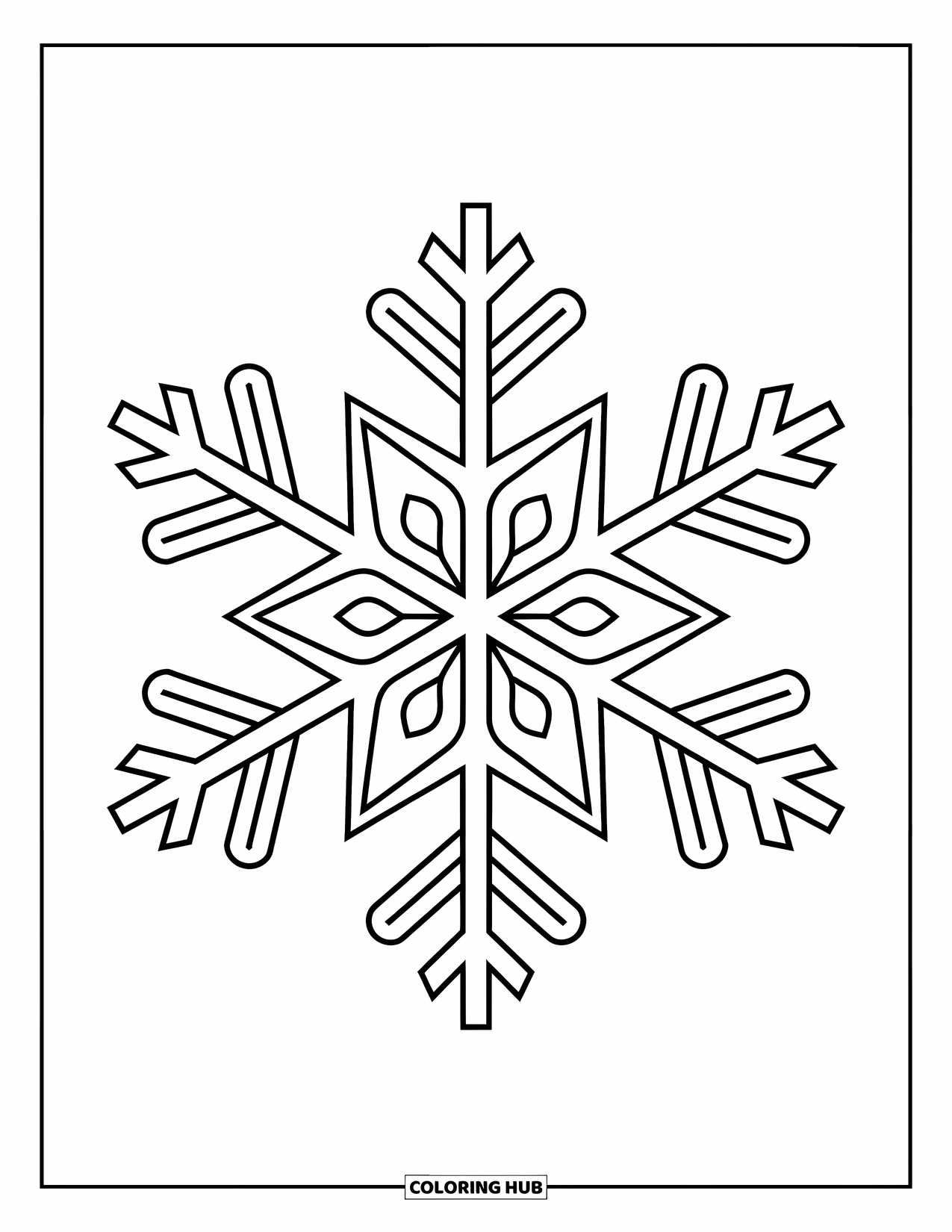 Winter Kleurplaat voor Volwassenen: Een geometrische sneeuwvlok met delicate krullen en ingewikkelde vorst-geïnspireerde details