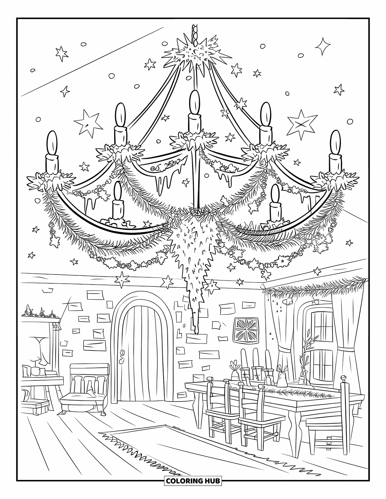 Winter Kleurplaat voor Volwassenen: Een grandioze feestelijke kroonluchter versierd met sterren, ijspegels en slingers, hangend boven een gezellige winterkamer