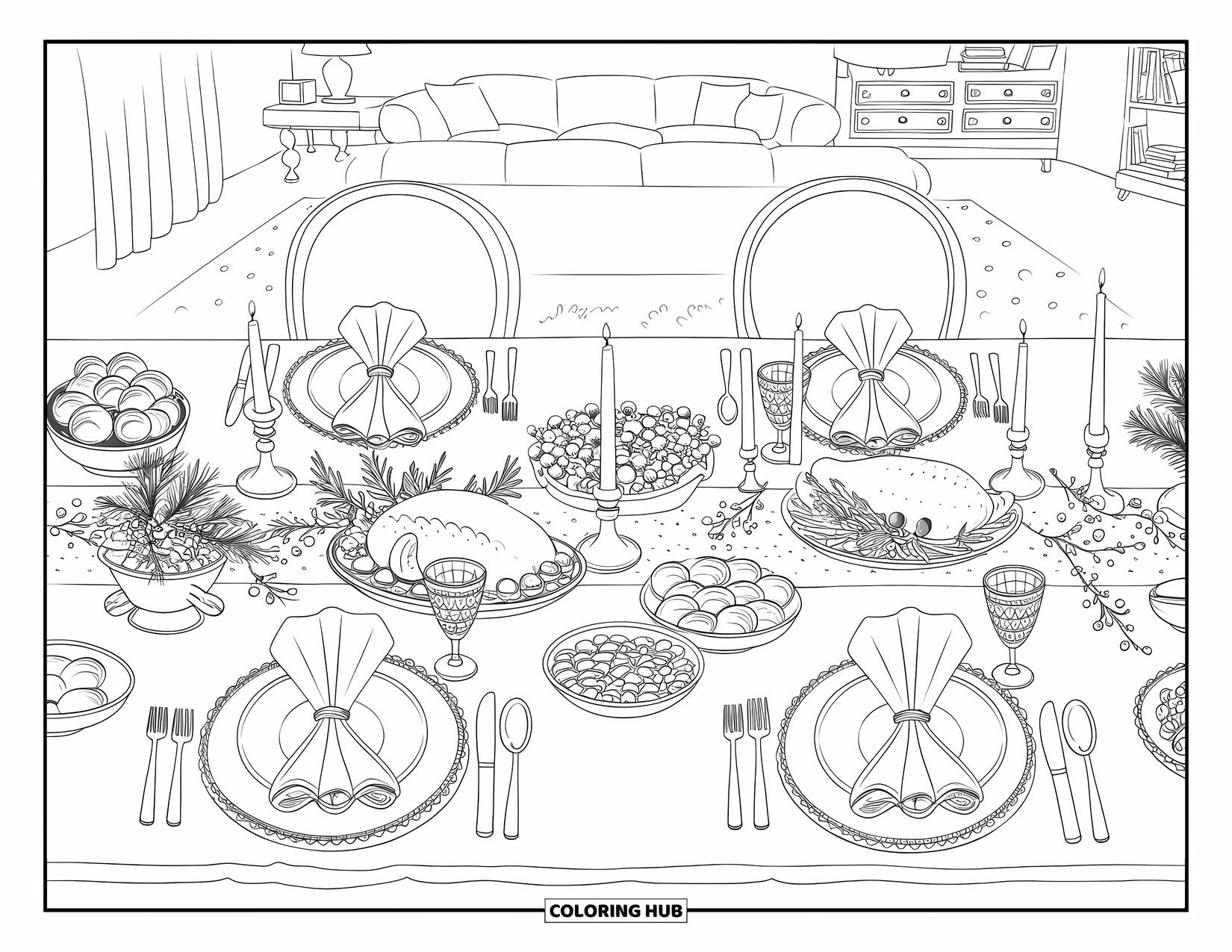Winter Kleurplaat voor Volwassenen: Een grandioze feesttafel gedekt met seizoensgebonden gerechten, fijn tafelgerei en een uitnodigende feestelijke sfeer