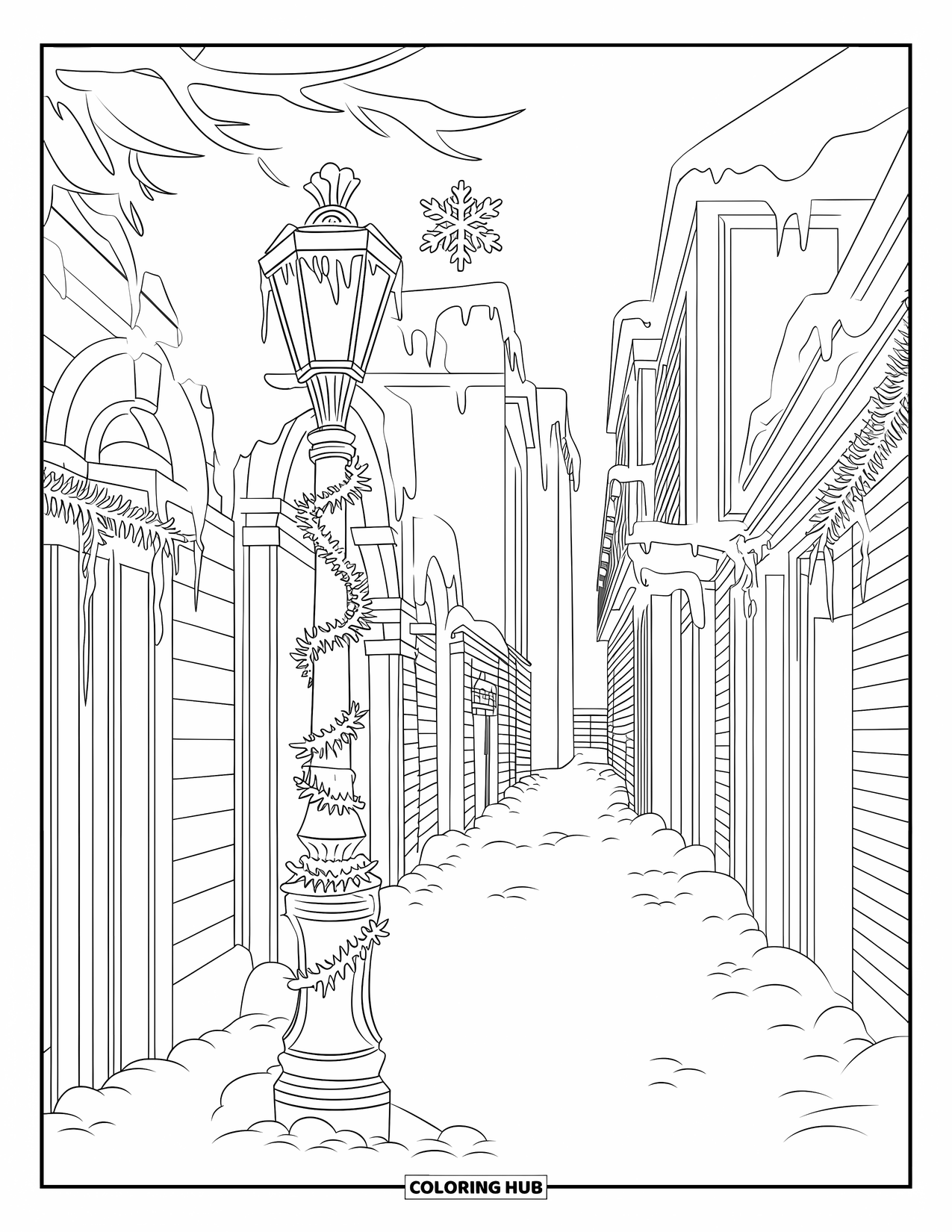 Winter Kleurplaat voor Volwassenen: Een grandioze Victoriaanse lantaarnpaal met ingewikkelde details, omringd door hoge gebouwen en dwarrelende sneeuwvlokken