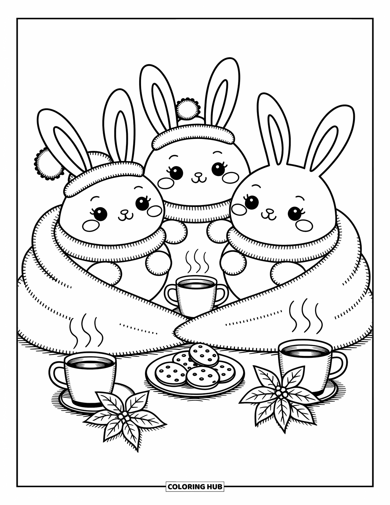 Winter Kleurplaat voor Volwassenen: Een handgetekende krans met een chibi-uil, delicate winterelementen en speelse wervelende details