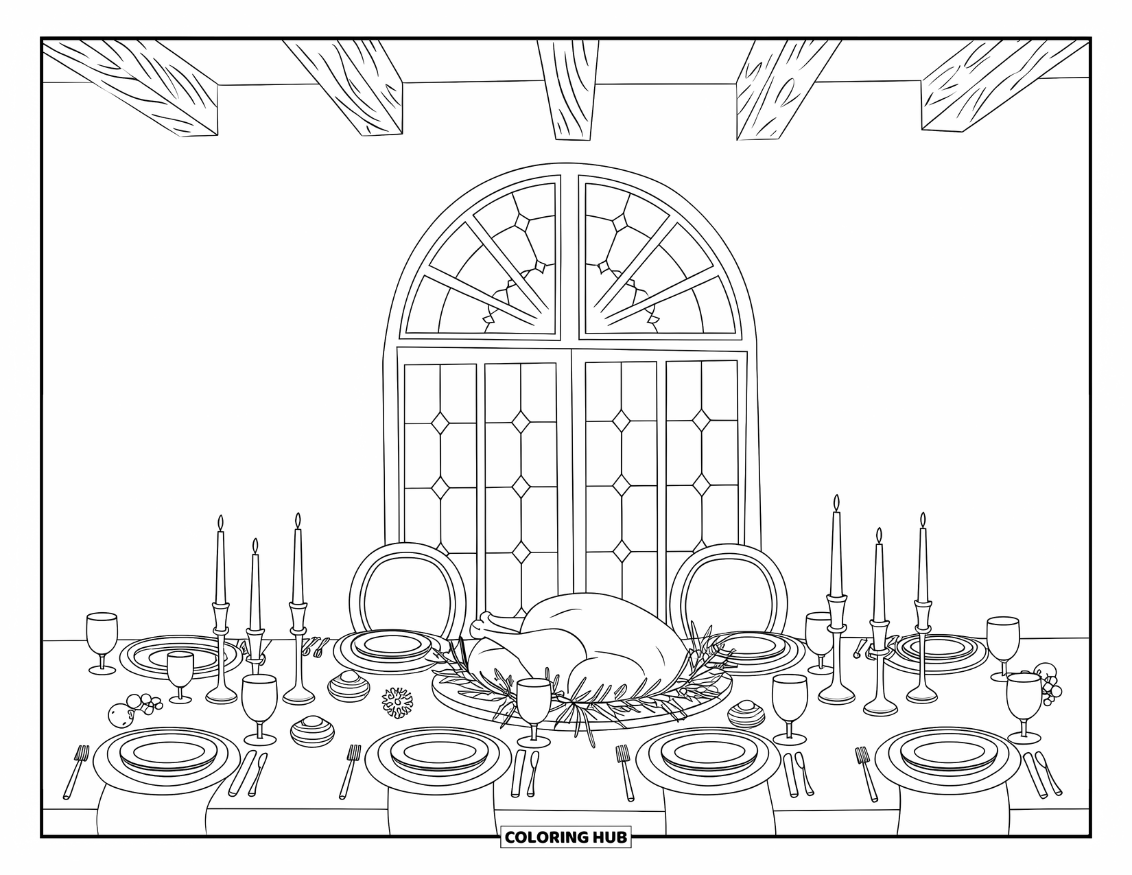 Winter Kleurplaat voor Volwassenen: Een feesttafel met een gebraden kalkoen, kaarsen en groenblijvende versieringen in een rustieke kamer