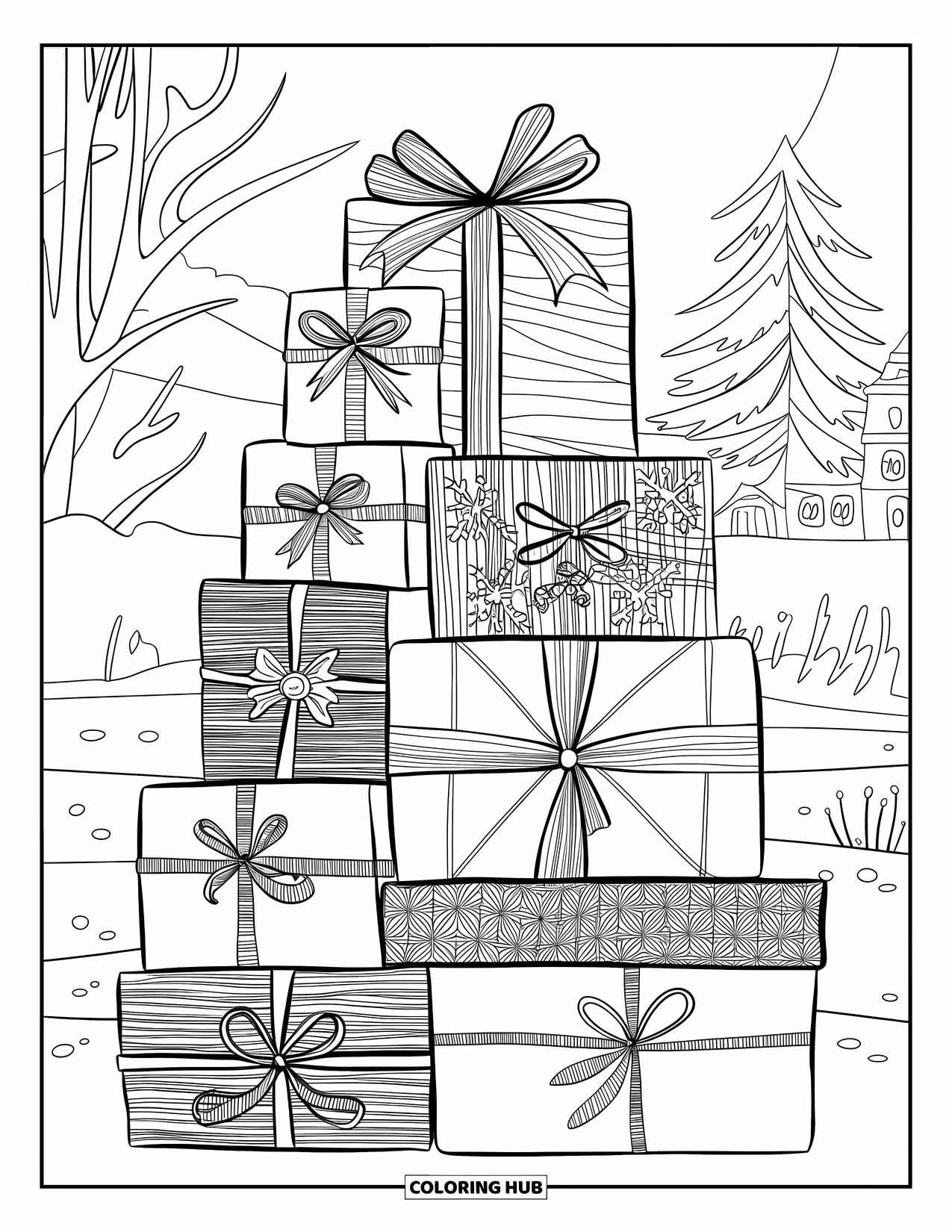 Winter Kleurplaat voor Volwassenen: Een toren van feestelijke cadeaus met ingewikkeld ingepakte dozen tegen een besneeuwd landschap met bomen en een huisje