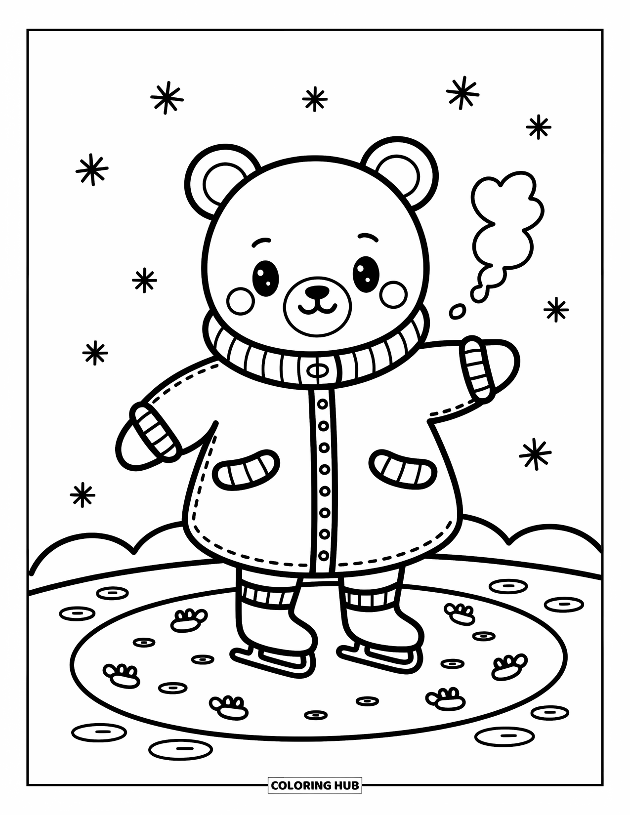 Winter Kleurplaat voor Volwassenen: Een kawaii-stijl beer gewikkeld in een grote jas, die probeert zijn evenwicht te bewaren op het ijs terwijl kleine sneeuwvlokken in de achtergrond dwarrelen