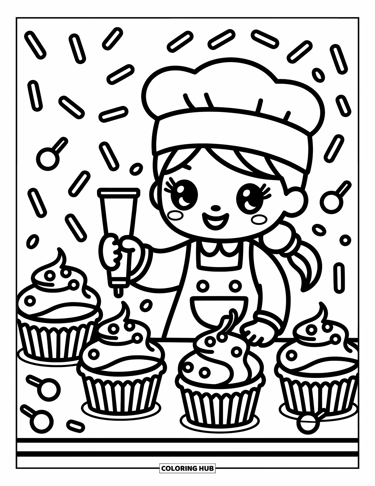 Winter Kleurplaat voor Volwassenen: Een vakantiekoekjesstation in kawaii-stijl waar een chibi-kok vrolijk cupcakes met zwevende spikkels decoreert