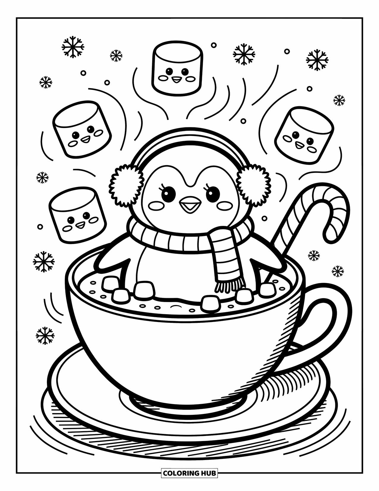 Winter Kleurplaat voor Volwassenen: Een pinguïn in kawaii-stijl in een gigantische kop cacao, genietend van de warmte terwijl sneeuwvlokken zachtjes op de achtergrond vallen