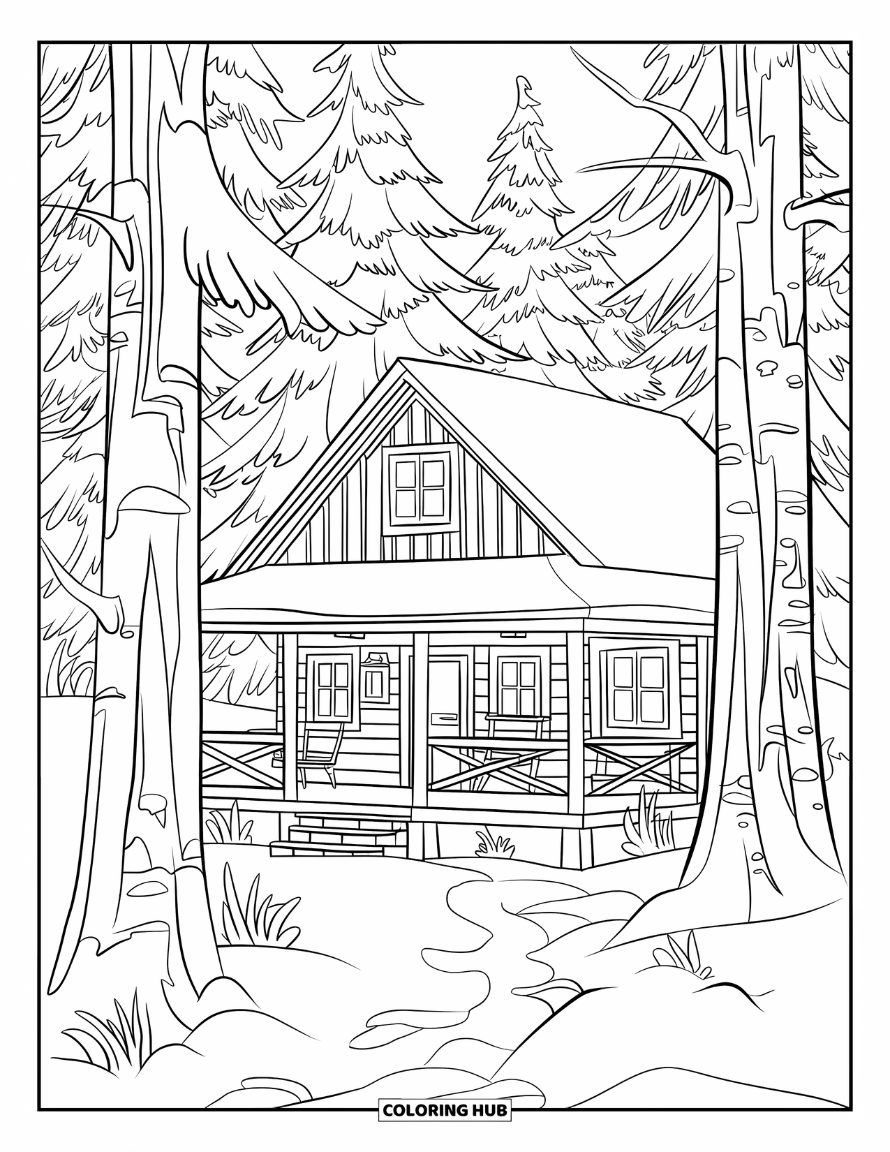 Winter Kleurplaat voor Volwassenen: Een vredig huisje in het bos, met een houten veranda, gezellige stoelen en overal besneeuwde bomen