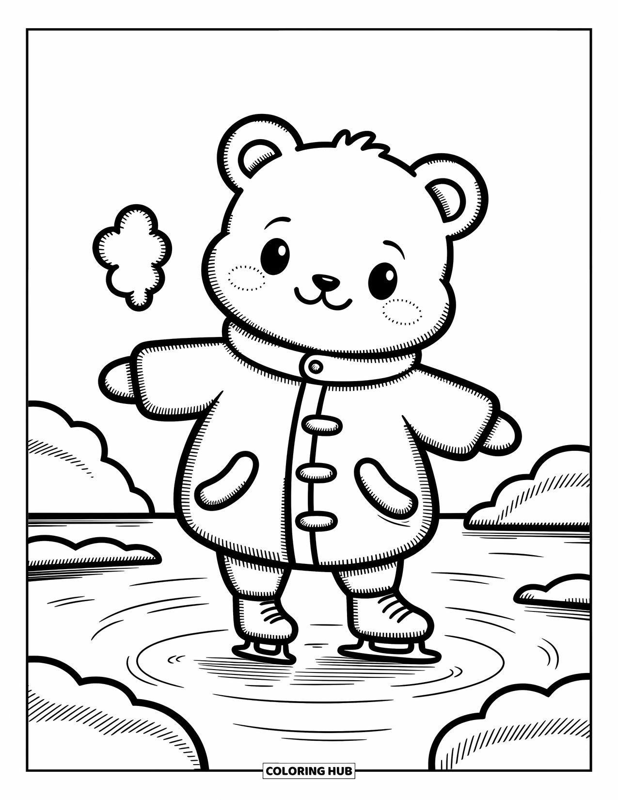 Winter Kleurplaat voor Volwassenen: Een speelse scène van drie pluizige sneeuwhaasjes met hoeden en wanten, omringd door gezellige dekens, warme thee en koekjes