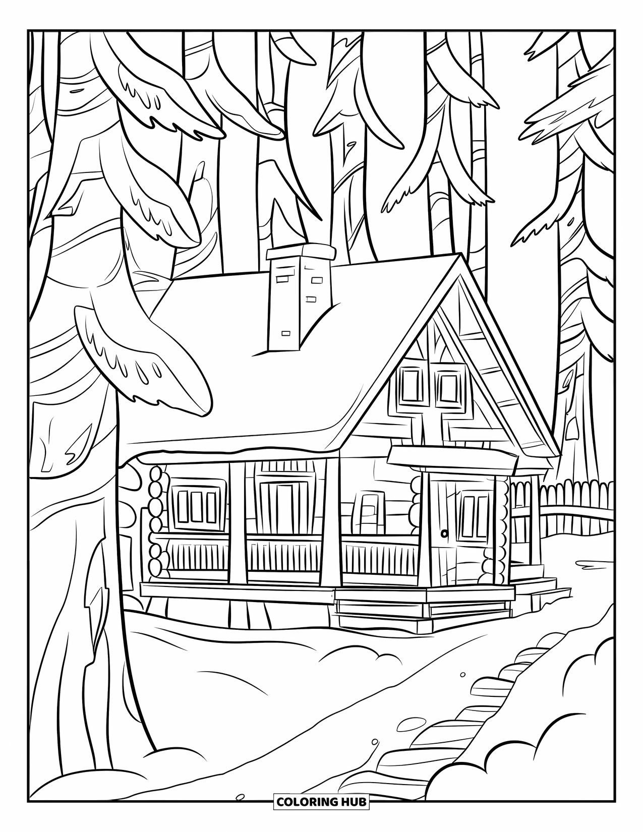 Winter Kleurplaat voor Volwassenen: Een rustiek houten huisje met een schoorsteen, veranda en besneeuwde bomen diep in het winterbos