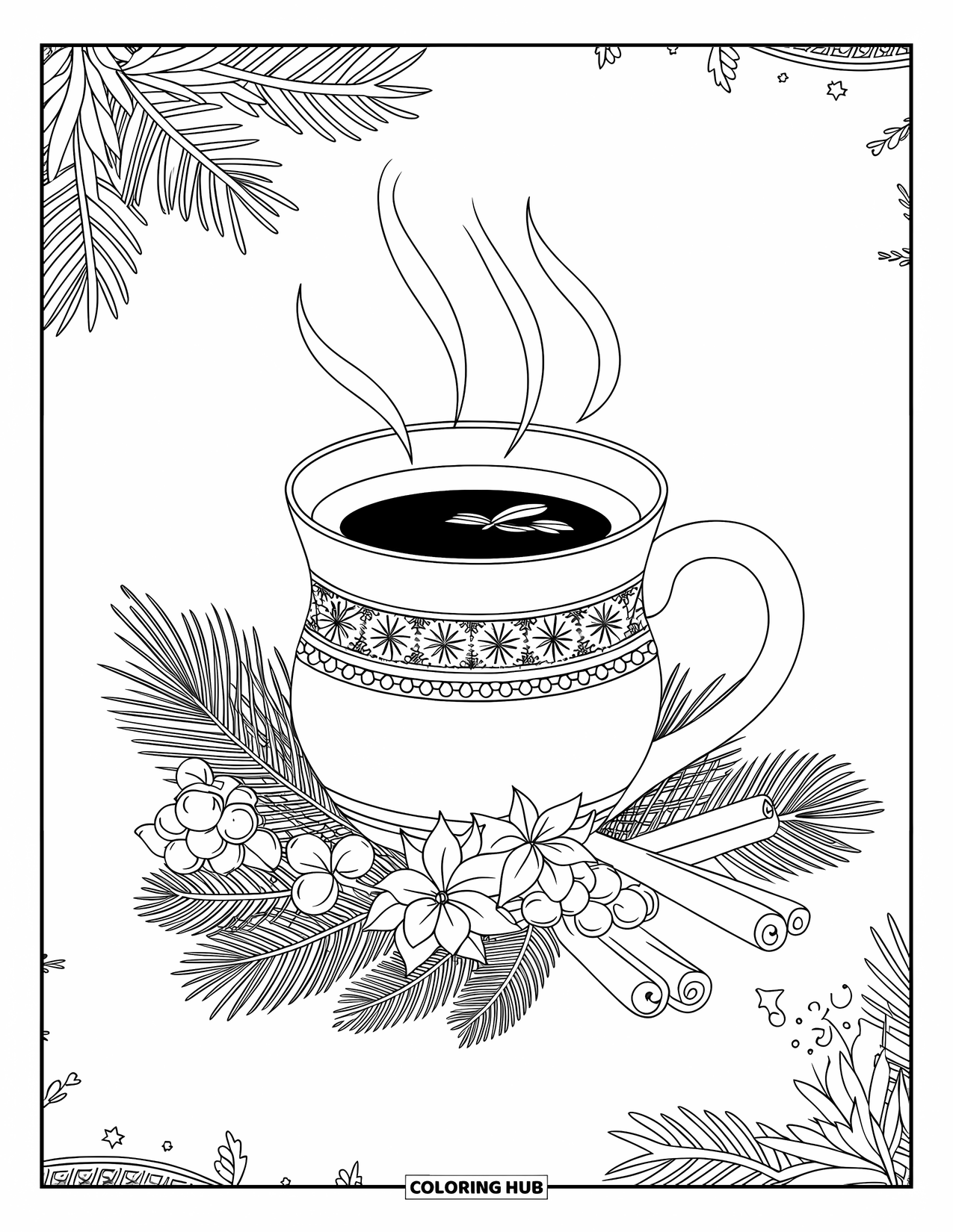 Winter Kleurplaat voor Volwassenen: Een stomende kop kruidenthee in een gedetailleerde keramische mok, omringd door dennenappels en kaneelstokjes