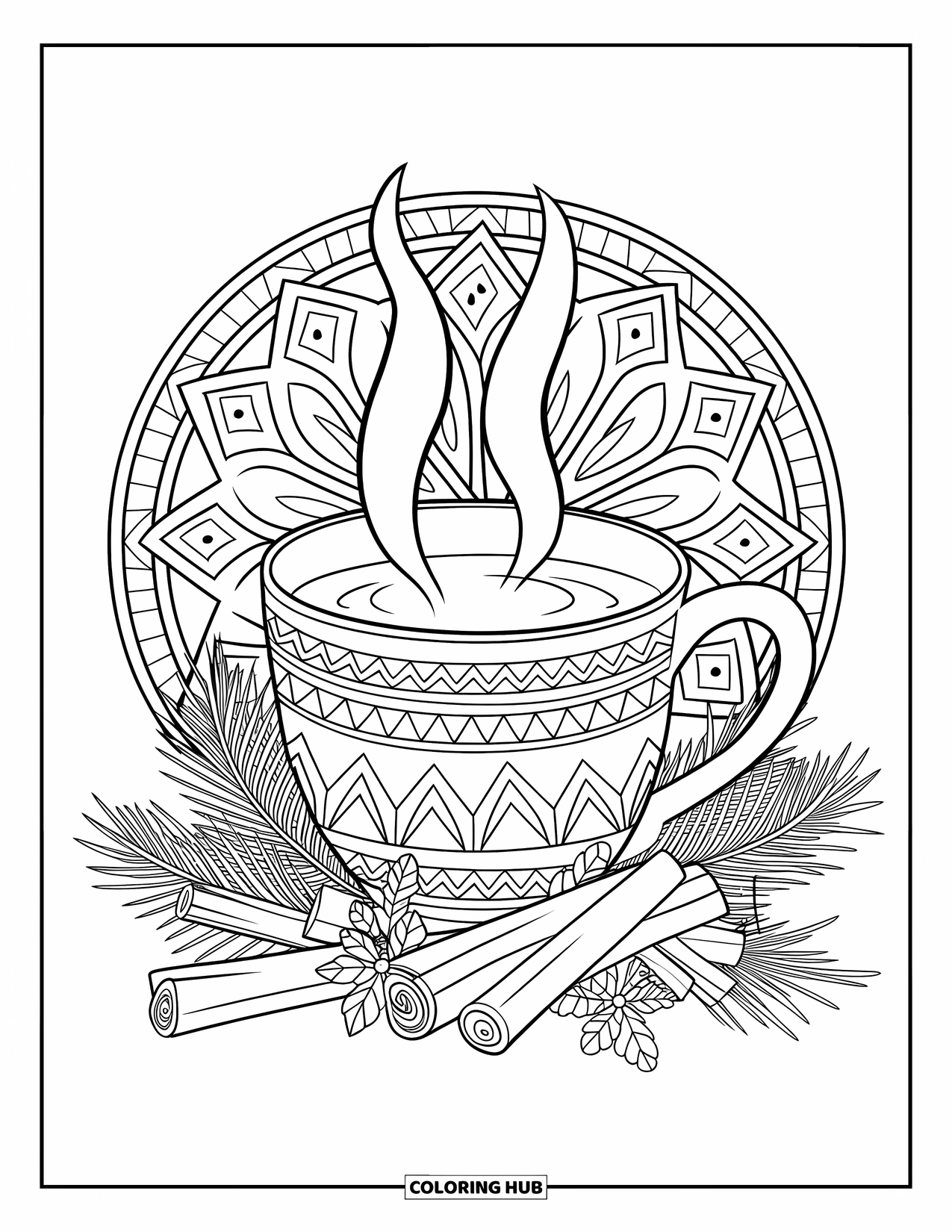 Winter Kleurplaat voor Volwassenen: Een stomende mok kruidenthee omringd door dennenappels, kaneelstokjes en delicate winterbloemen