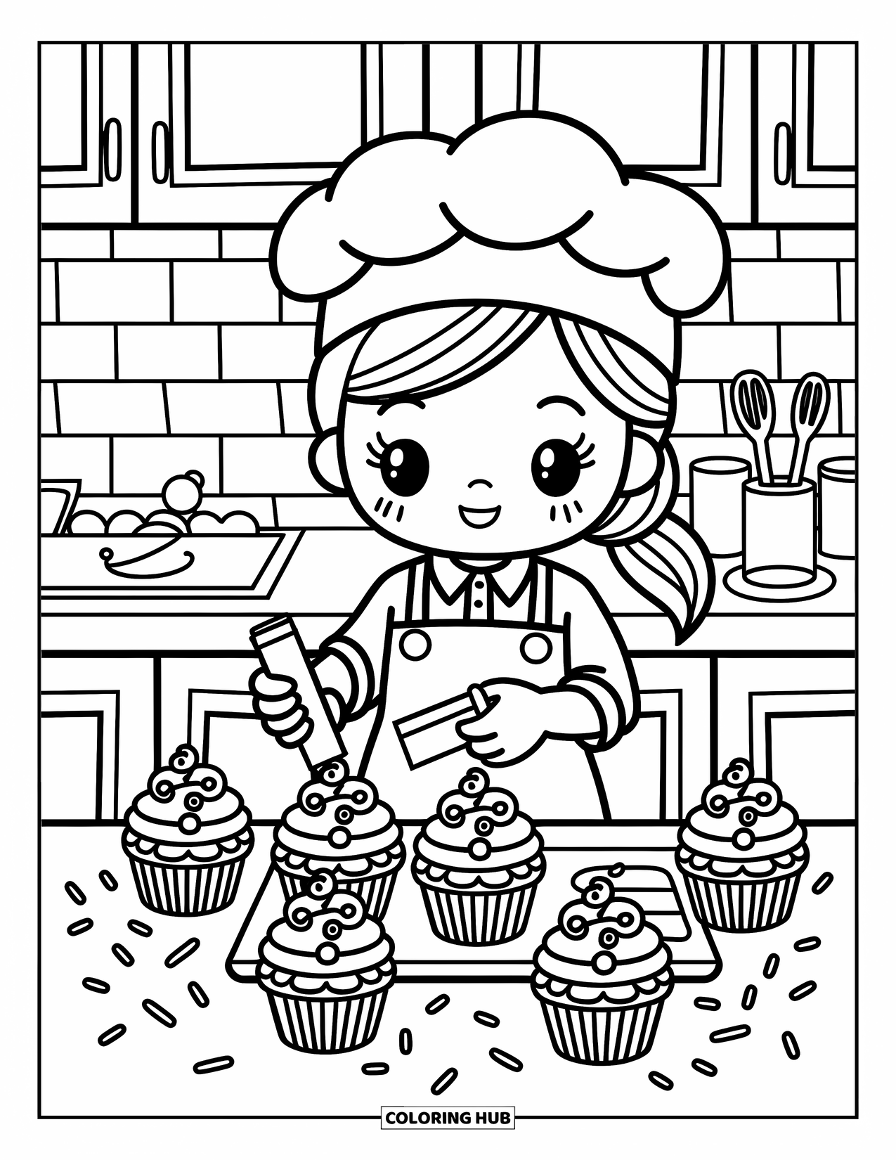 Winter Kleurplaat voor Volwassenen: Een kleine chibi-kok in een feestelijk schort decoreert zorgvuldig cupcakes, terwijl er spikkels rond de scène zweven