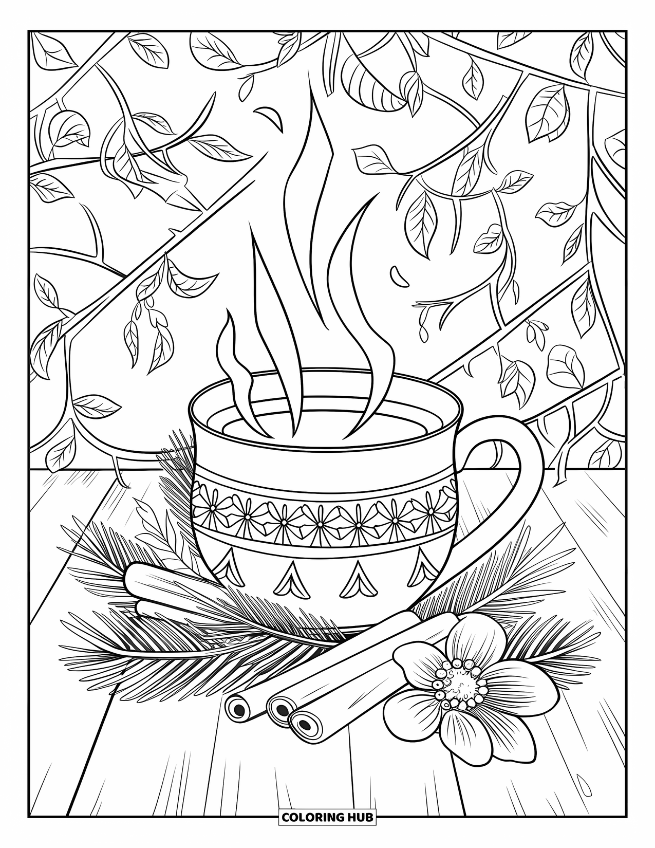 Winter Kleurplaat voor Volwassenen: Een warme kop kruidenthee in een versierde mok, rustend op een houten oppervlak met winterse accenten