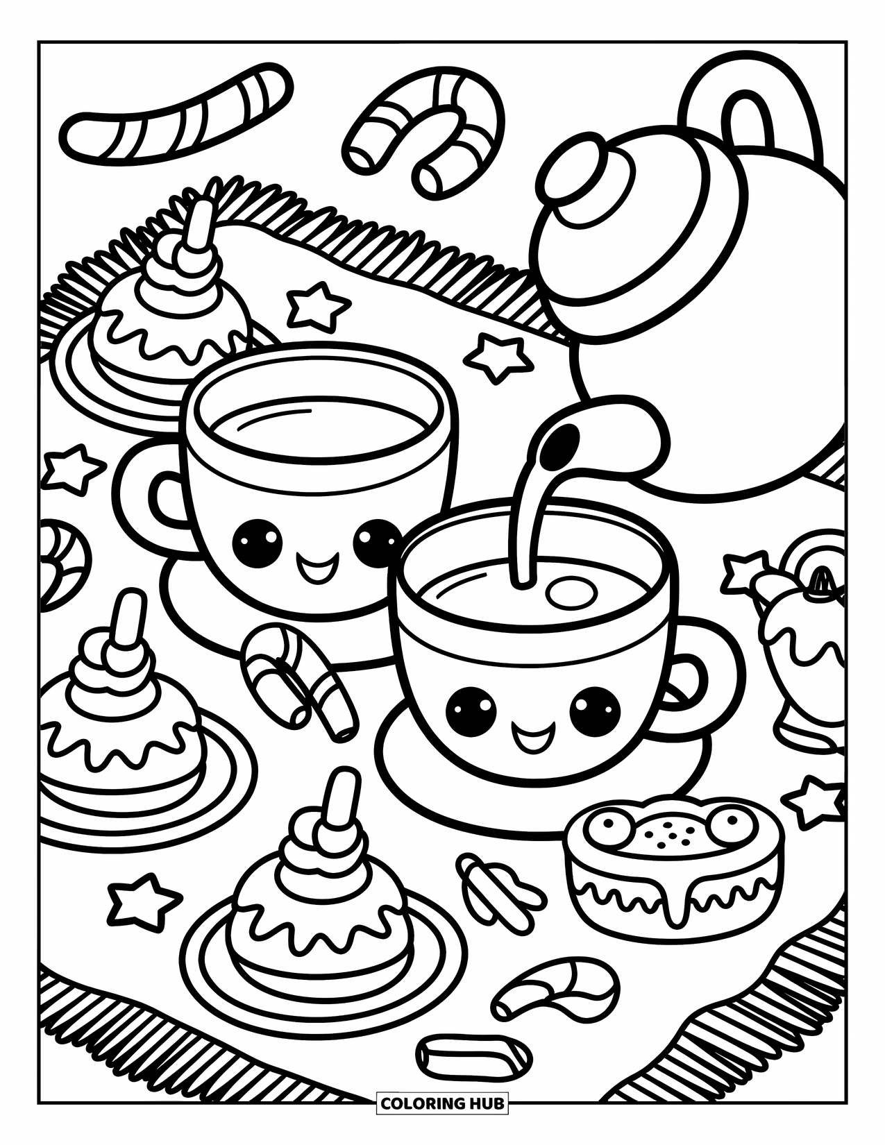 Winter Kleurplaat voor Volwassenen: Een grillige winterpicknick met lekkernijen in chibi-stijl, een gezellig deken en zacht vallende sneeuwvlokken