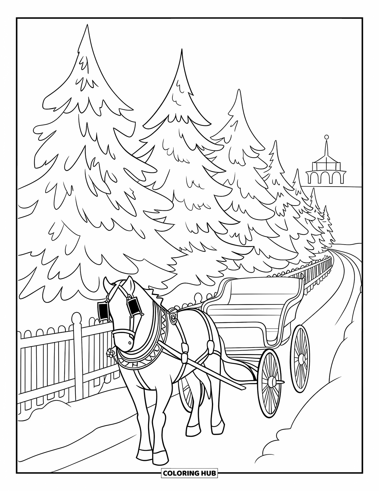 Winter Kleurplaat voor Volwassenen: Een winterse arrenslee-scène met een door paarden getrokken koets die langs besneeuwde bomen en een verre toren rijdt