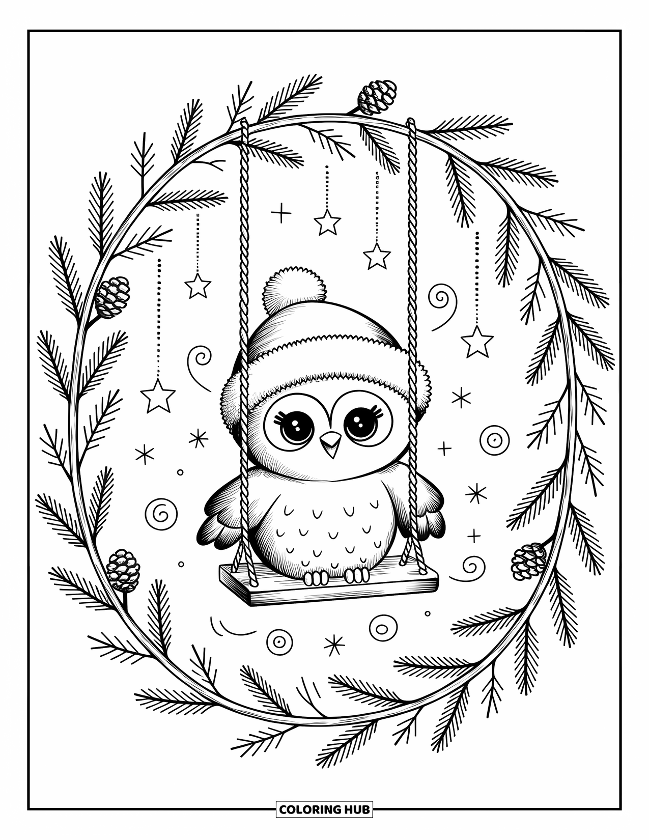 Winter Kleurplaat voor Volwassenen: Een winterkrans met takjes, hulst, dennenappels en een chibi-uil die zachtjes op een klein schommeltje schommelt
