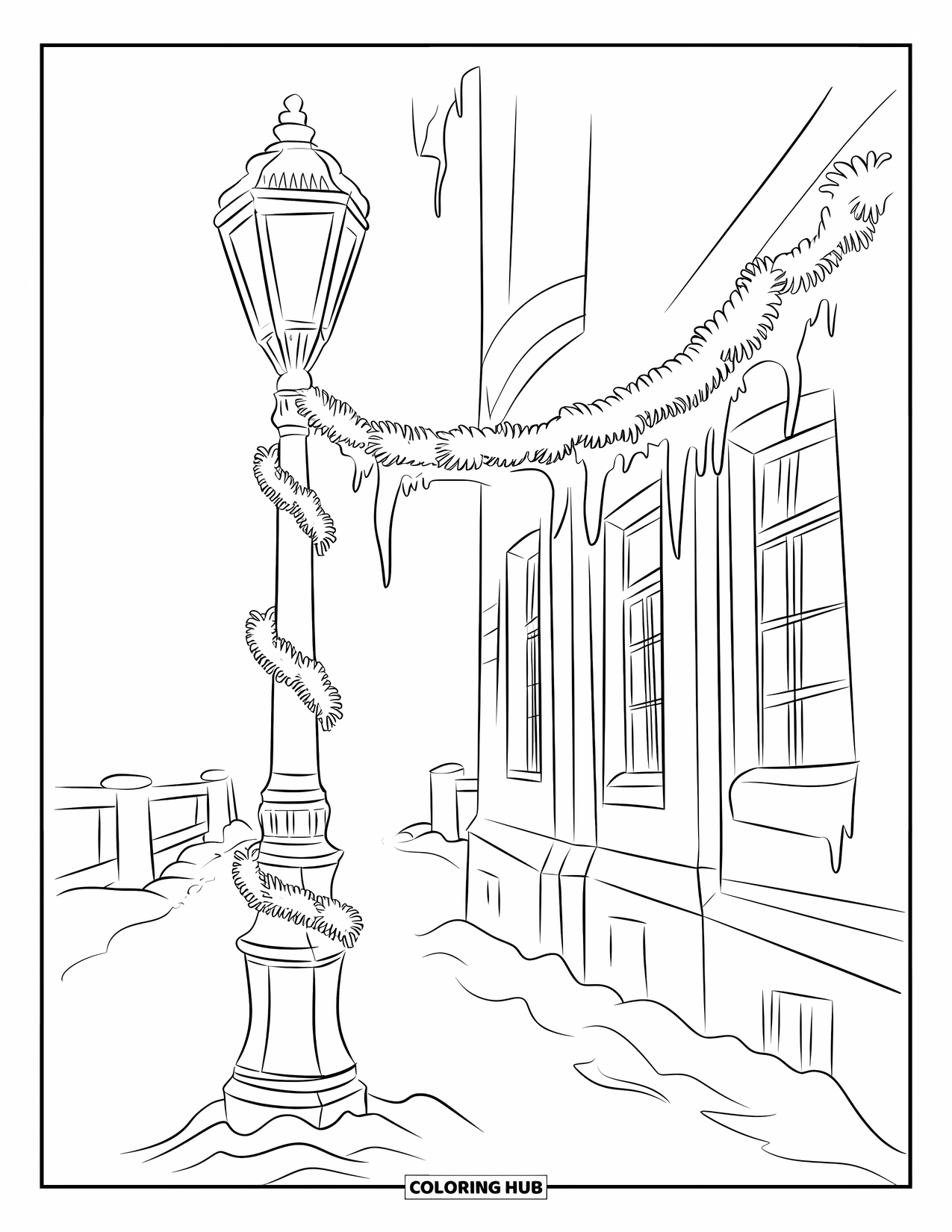 Winter Kleurplaat voor Volwassenen: Een elegante Victoriaanse lantaarnpaal in een rustig wintersteegje, versierd met feestelijke slingers en ijspegels