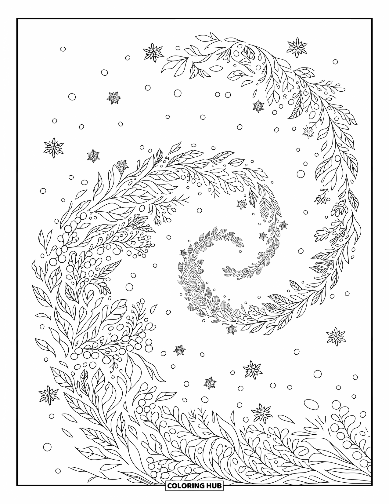 Winter Kleurplaat voor Volwassenen: Een ingewikkeld winterwindpatroon met wervelende bladeren, bessen en zacht dwarrelende sneeuwvlokken