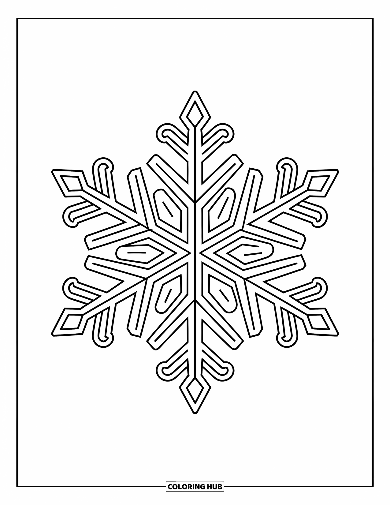 Winter Kleurplaat voor Volwassenen: Een ingewikkeld ontworpen sneeuwvlok met geometrische patronen en vorst-geïnspireerde wervelende accenten