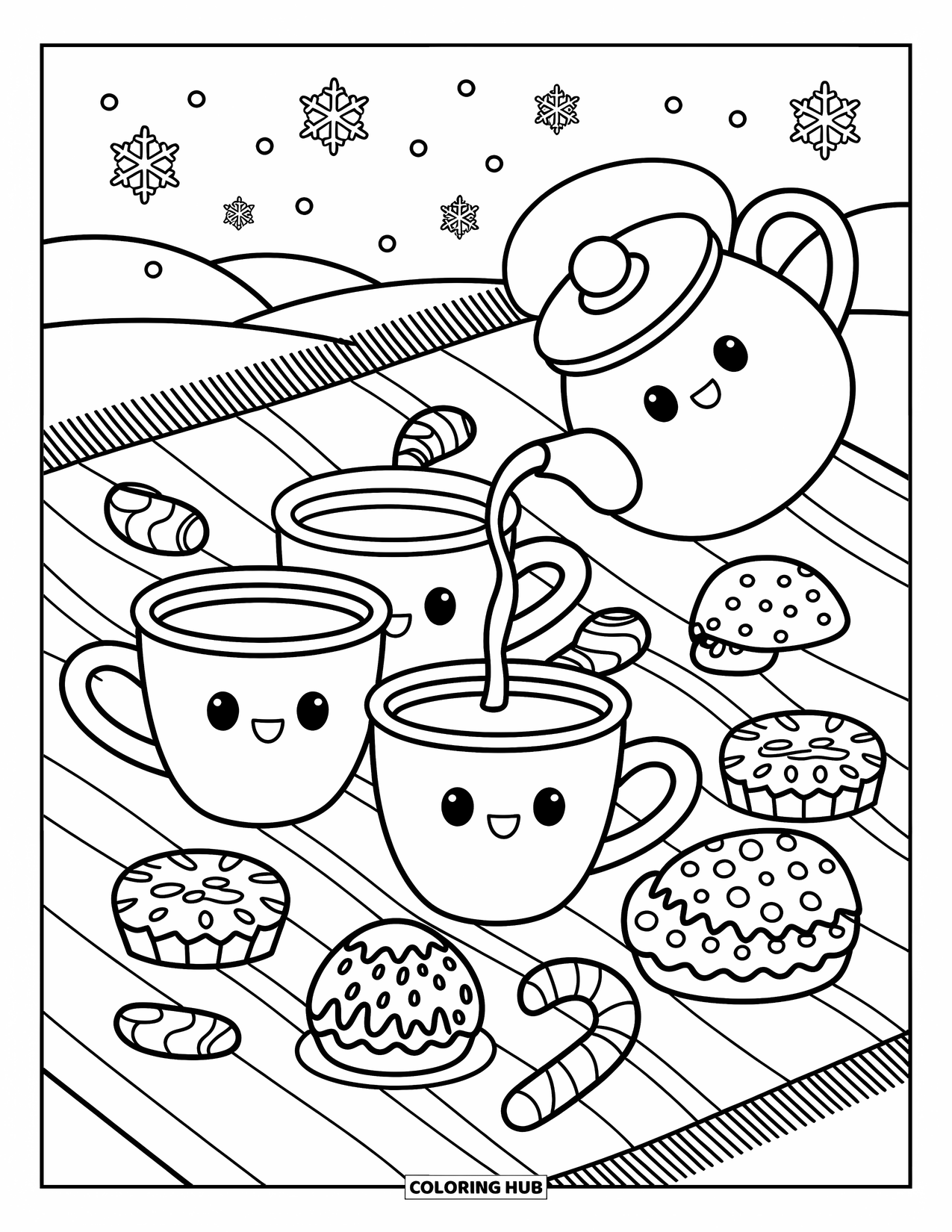 Winter Kleurplaat voor Volwassenen: Warme chocolademelk in chibi-stijl staat op een zacht deken, omringd door gebakjes en zuurstokken