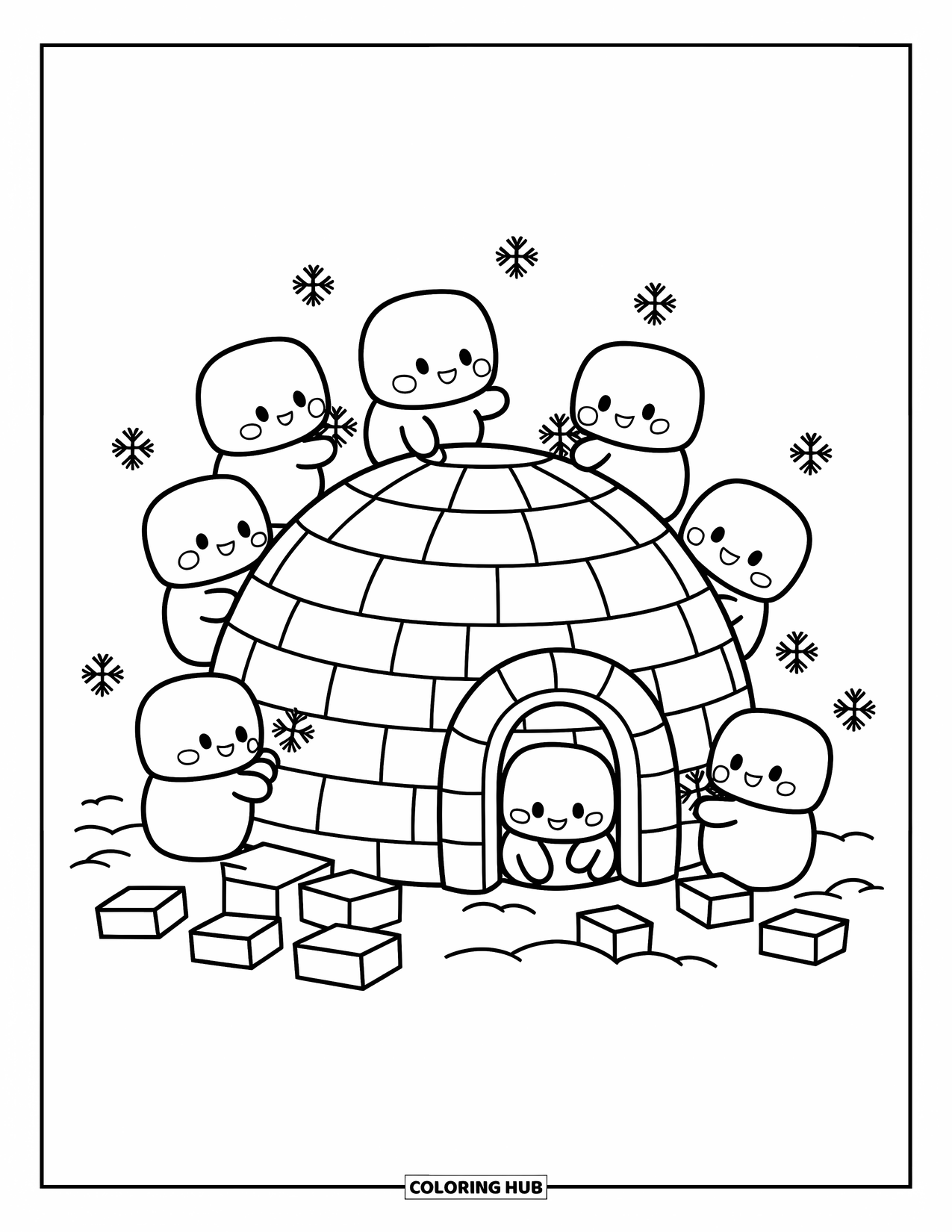 Winter Kleurplaat voor Volwassenen: Speelse chibi-marshmallowfiguren stapelen sneeuwstenen en gluren uit hun schattige iglo