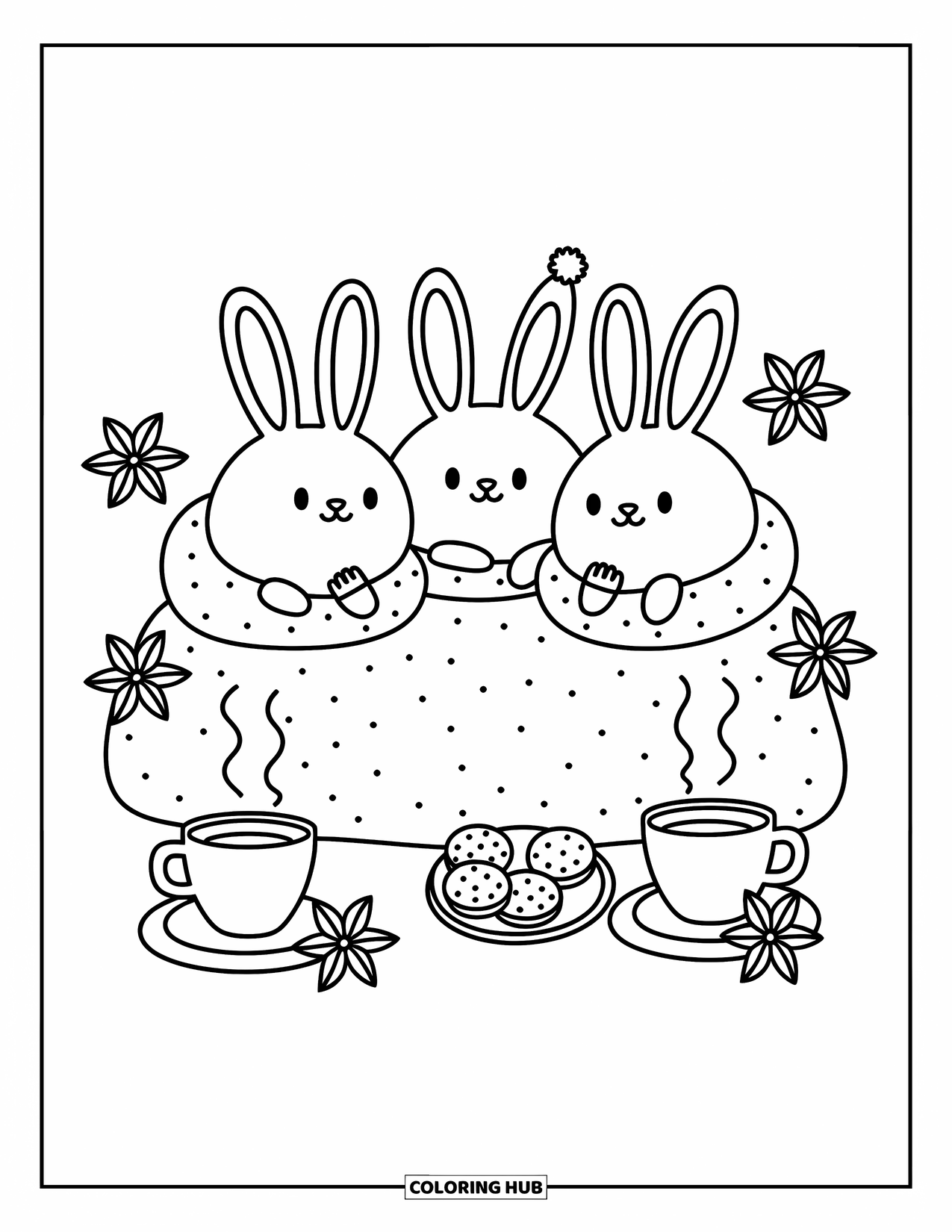 Winter Kleurplaat voor Volwassenen: Drie mollige sneeuwhaasjes gekropen in zachte dekens, met kleine winteraccessoires, warme thee en koekjes in de buurt