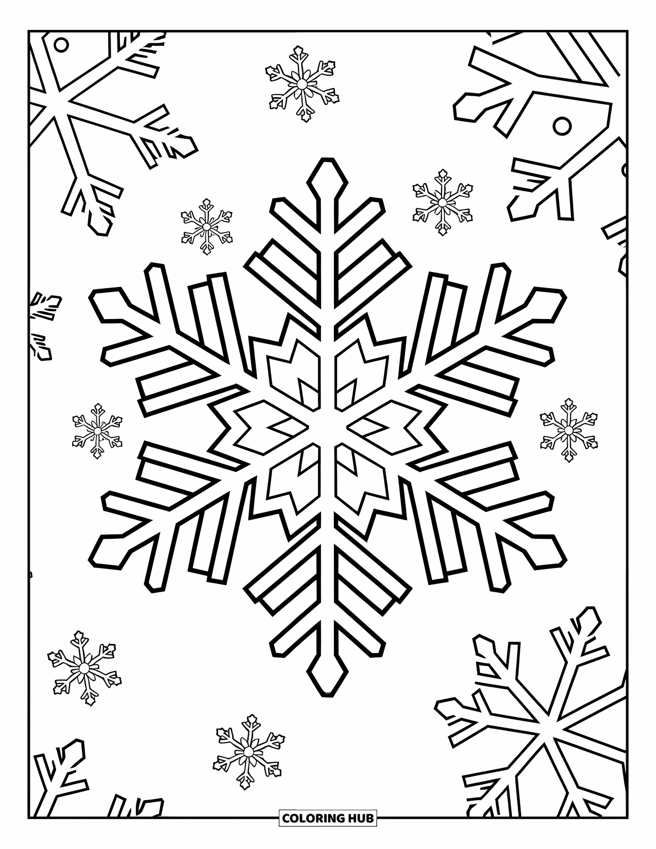 Winter Kleurplaat voor Kinderen: Een prachtig ontworpen sneeuwvlok met eenvoudige patronen, zwevend tussen kleinere sneeuwvlokken