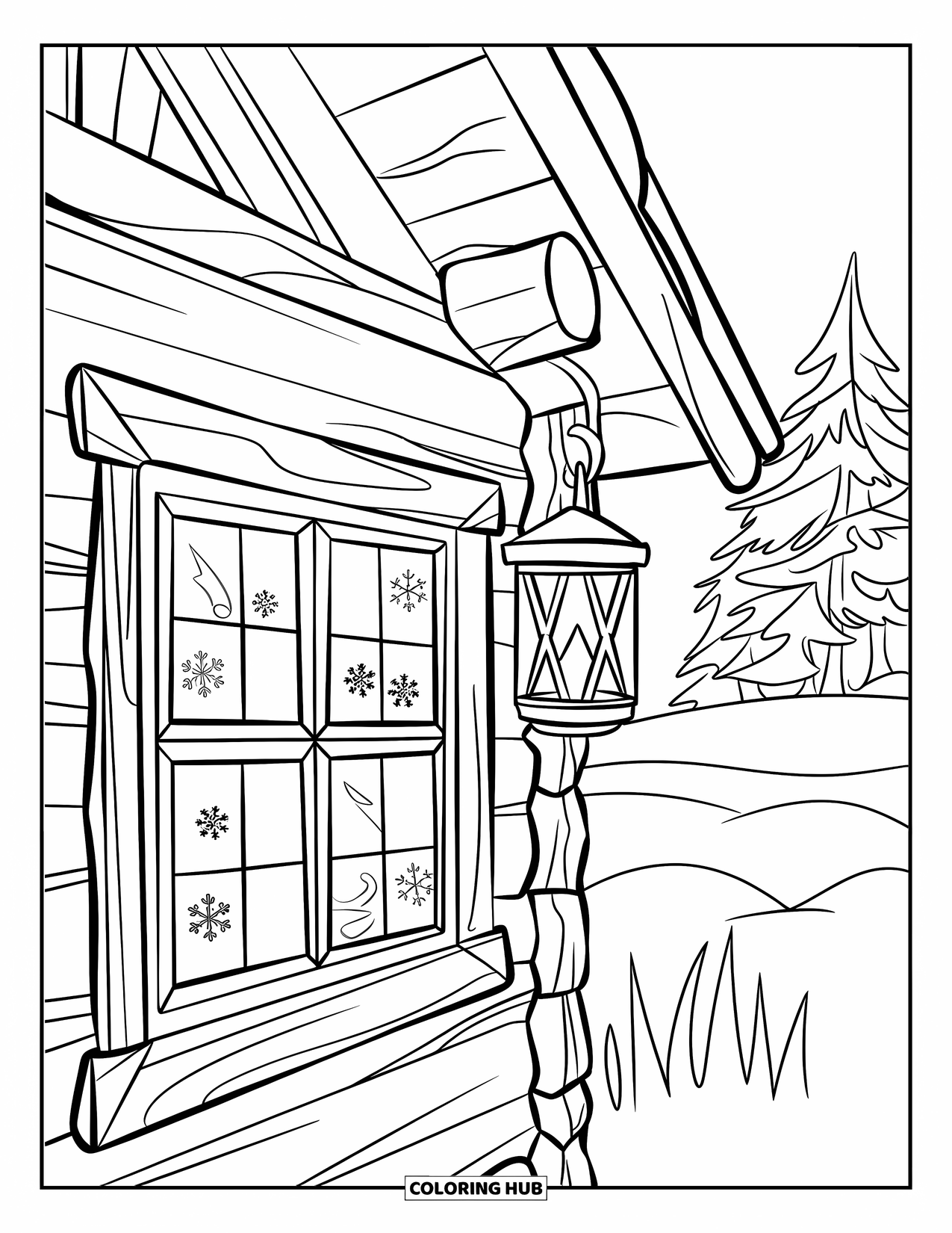 Winter Kleurplaat voor Kinderen: Een raam van een hut omlijst met houten balken, met vorstpatronen en een lantaarn ernaast
