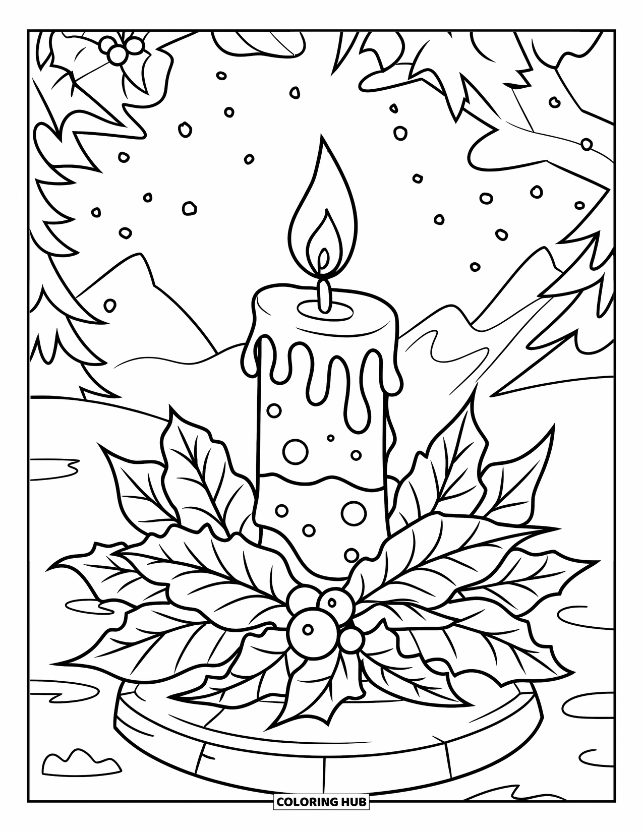 Winter Kleurplaat voor Kinderen: Een kaars op een stenen voet, omringd door hulst en winterbladeren, met besneeuwde bergen erachter