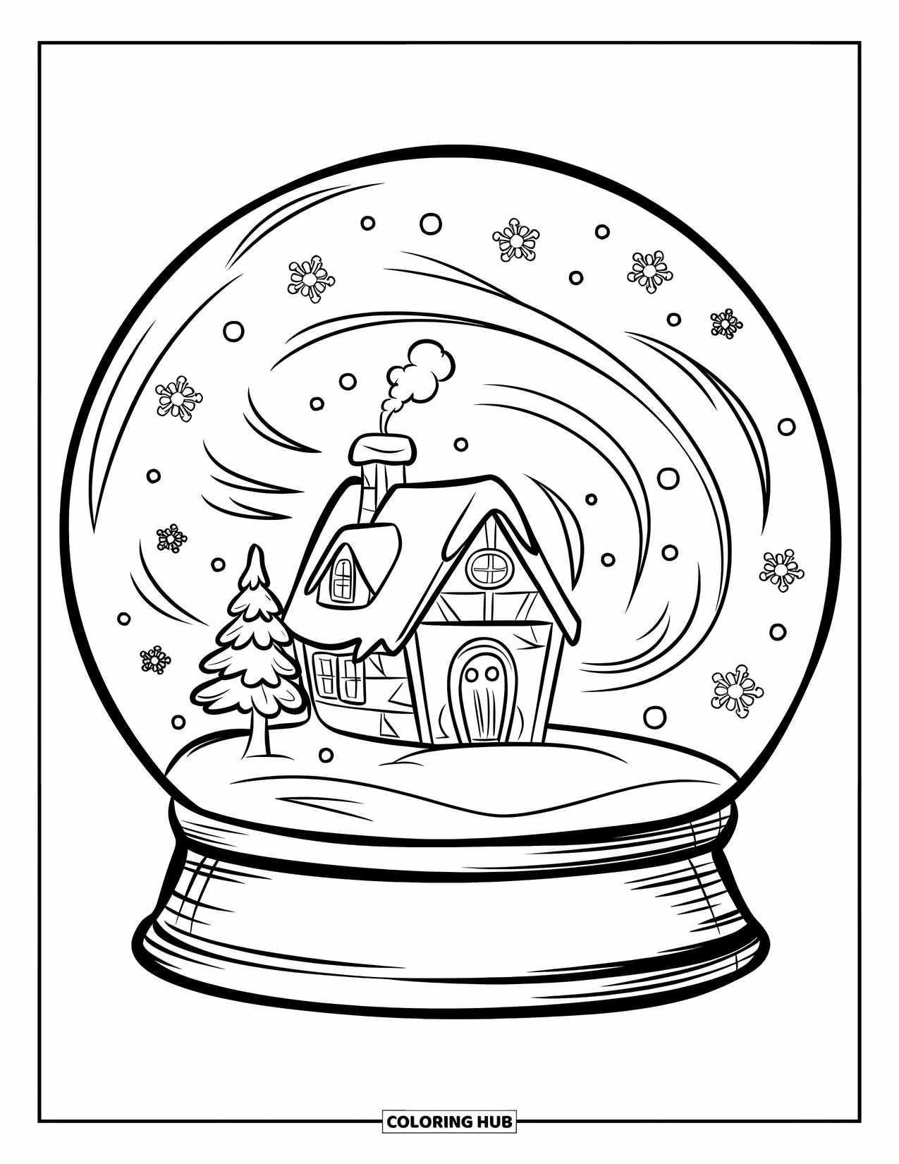 Winter Kleurplaat voor Kinderen: Een charmante sneeuwbol met een gezellige hut, een met sneeuw bedekte boom en dwarrelende vlokken binnenin