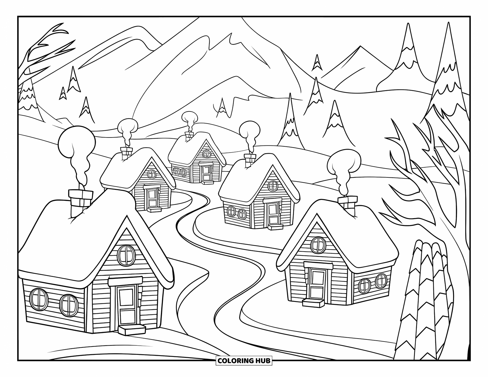 Winter Kleurplaat voor Kinderen: Een charmant winterdorp met met sneeuw bedekte huizen, kronkelende paden en schoorstenen die rook uitstoten