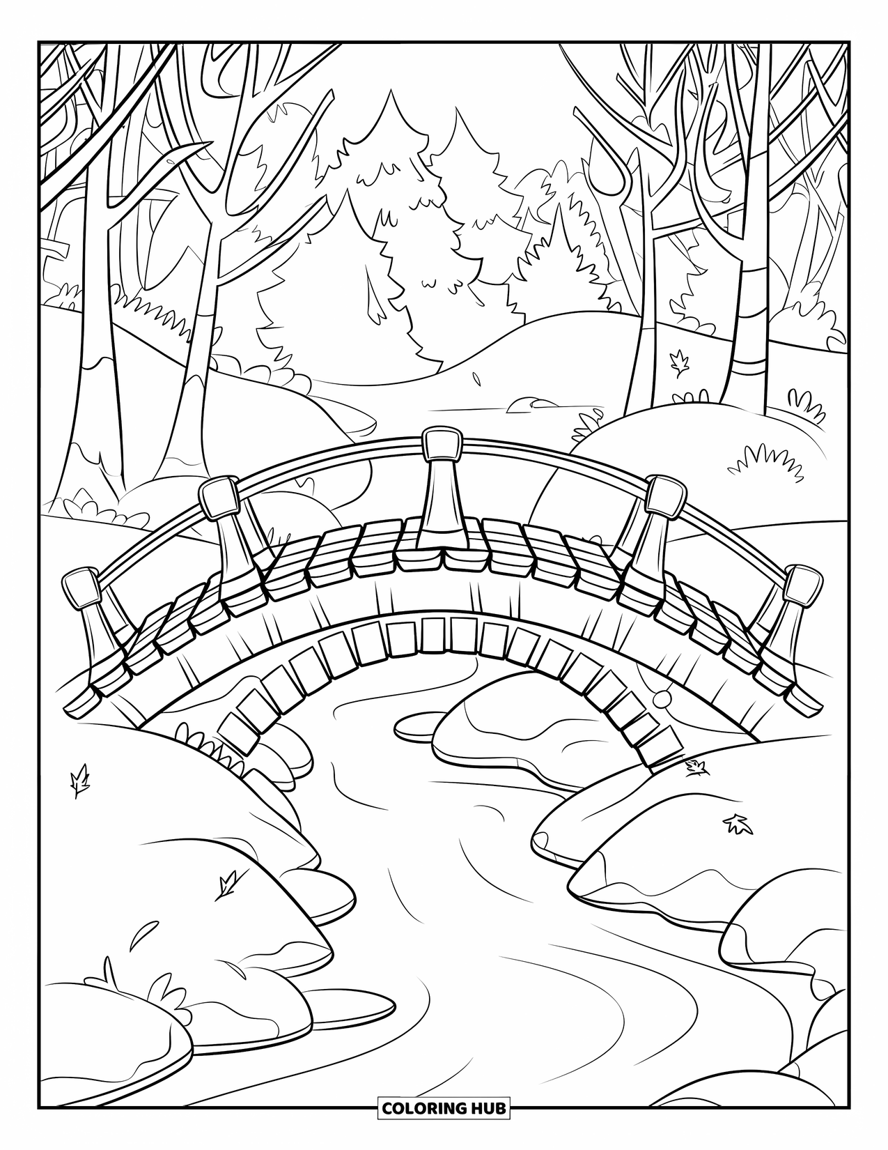 Winter Kleurplaat voor Kinderen: Een charmante houten brug die over een zacht bevroren beek loopt, omringd door kale winterbomen