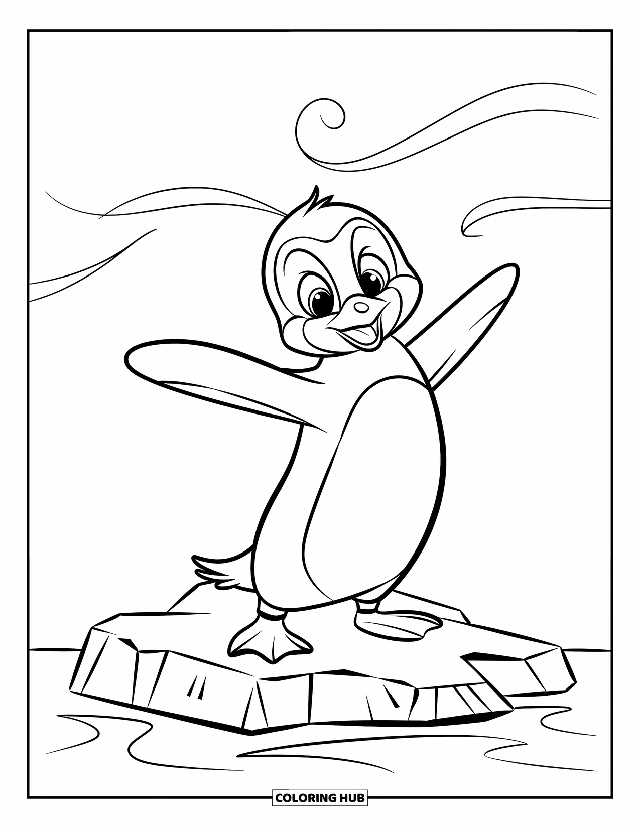 Winter Kleurplaat voor Kinderen: Een vrolijke pinguïn op een ijsberg, die met zijn vleugels klappert terwijl de wind eromheen wervelt