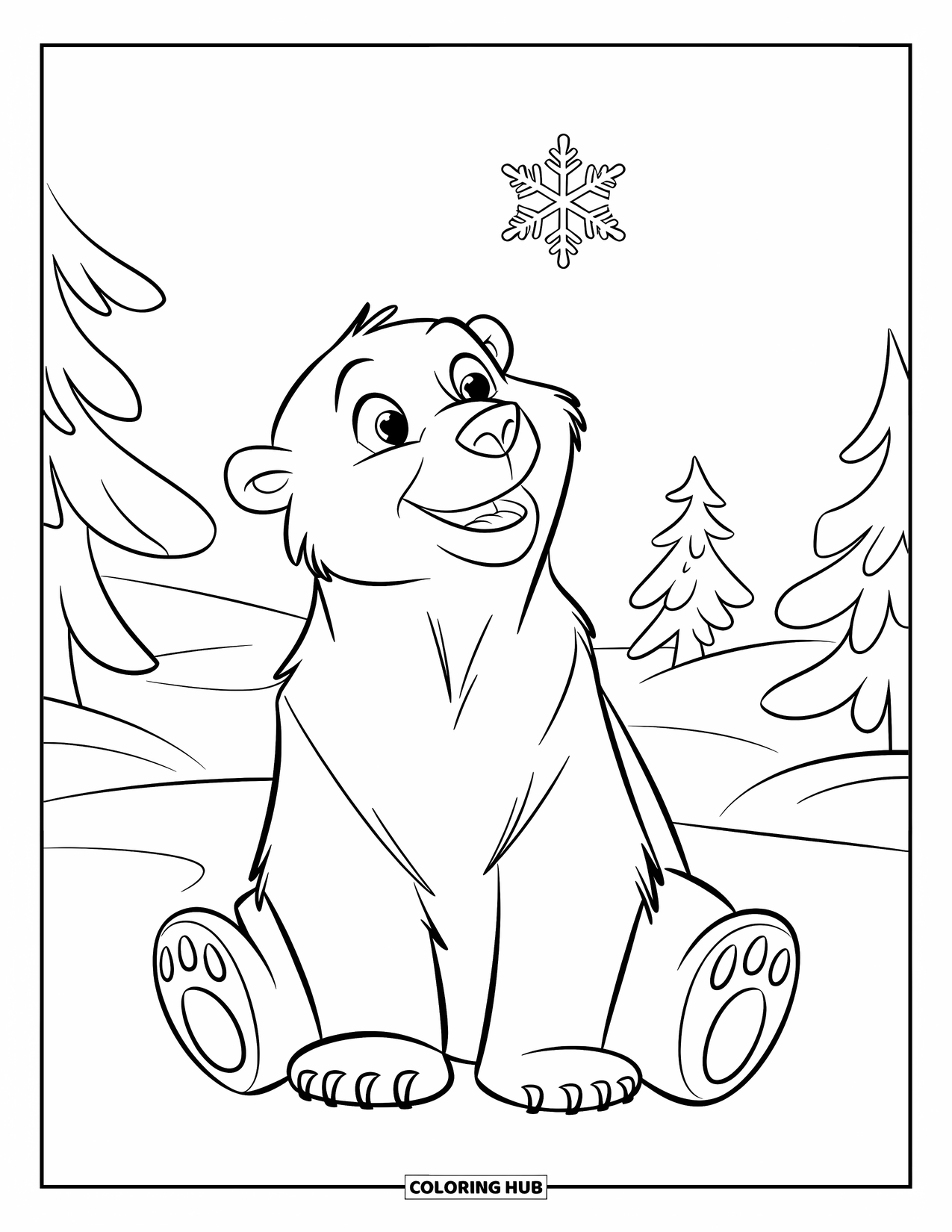 Winter Kleurplaat voor Kinderen: Een vrolijke ijsbeer die naar een enkele vallende sneeuwvlok kijkt, omringd door besneeuwde bomen