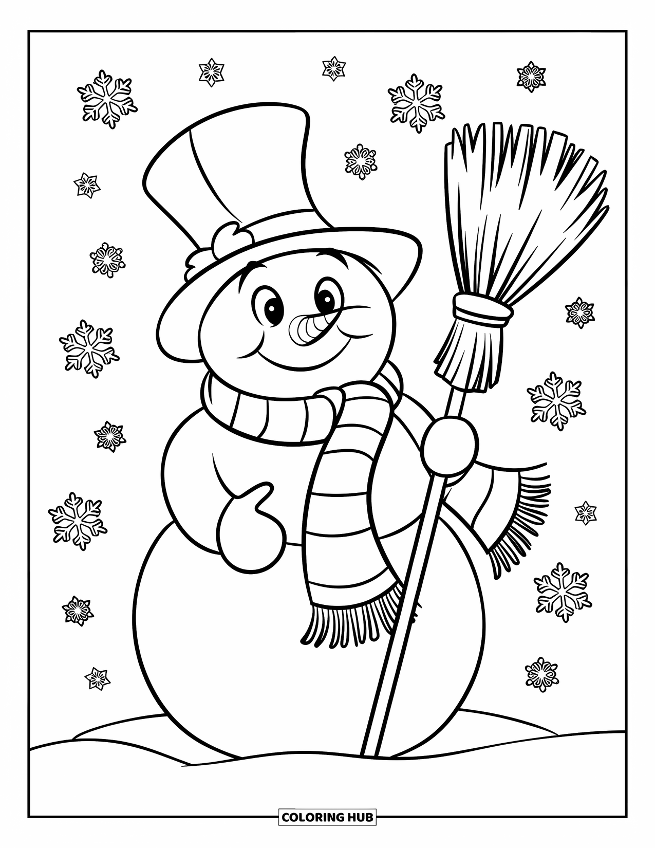 Winter Kleurplaat voor Kinderen: Een vrolijke sneeuwpop met een gezellige sjaal en een hoge hoed, die een bezemsteel vasthoudt met sneeuwvlokken die eromheen vallen