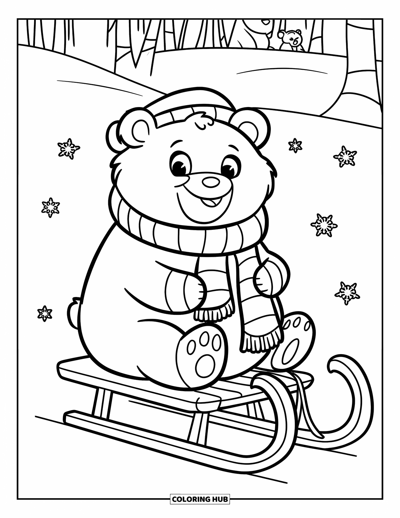 Winter Kleurplaat voor Kinderen: Een mollige beer in een pluizige sjaal en muts die op een slee zit, met sneeuwvlokken die eromheen vallen