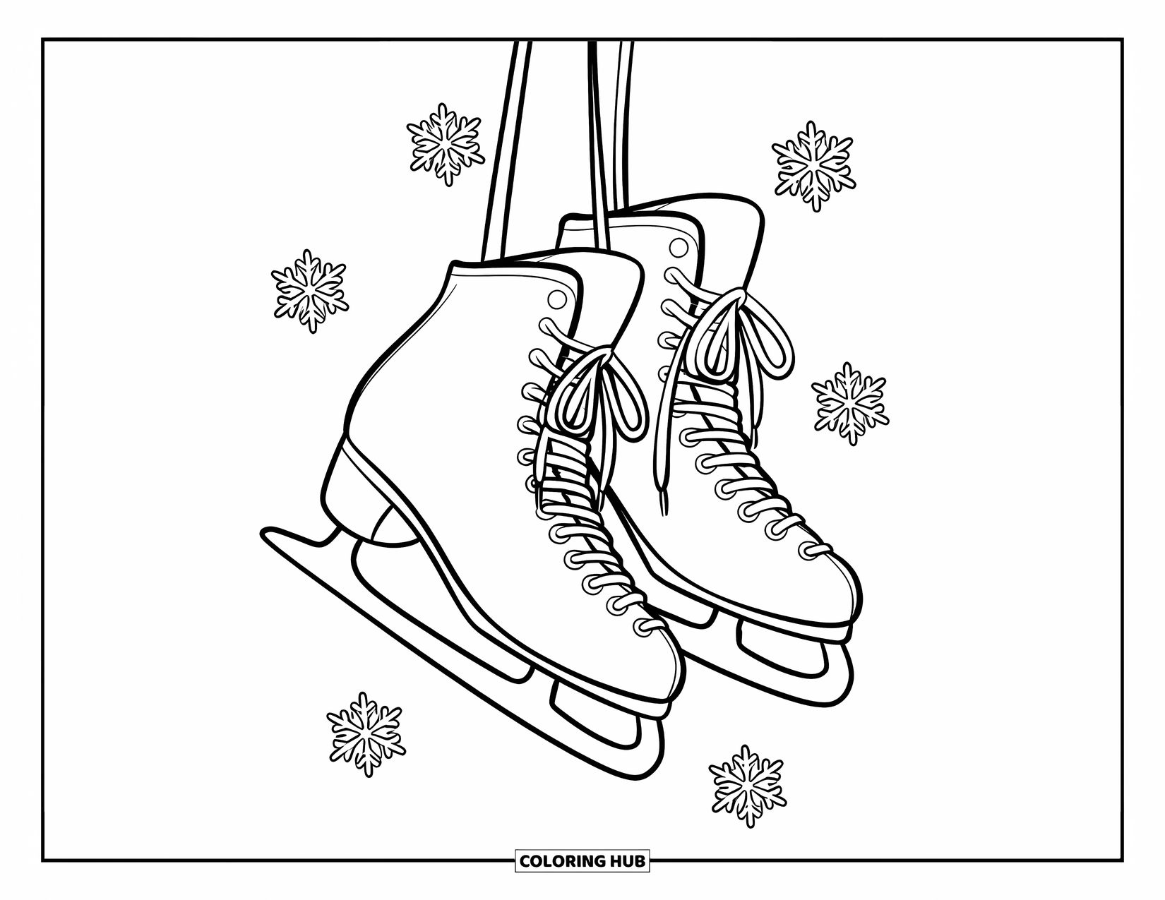 Winter Kleurplaat voor Kinderen: Een klassiek paar aan elkaar gebonden schaatsen, met delicate sneeuwvlokken die ronddwarrelen