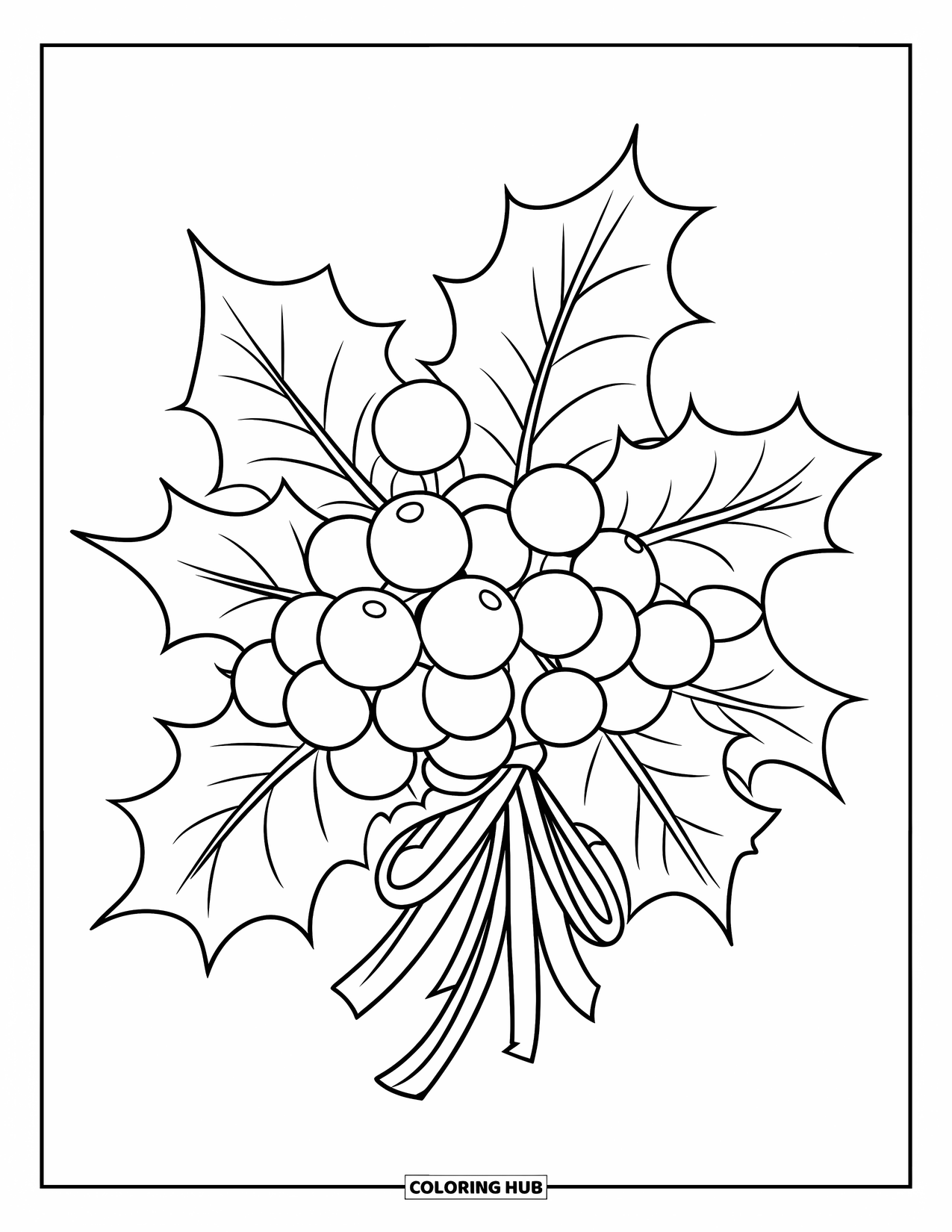 Winter Kleurplaat voor Kinderen: Een tros hulstbessen en bladeren die met een lint zijn samengebonden, licht bestrooid met sneeuw