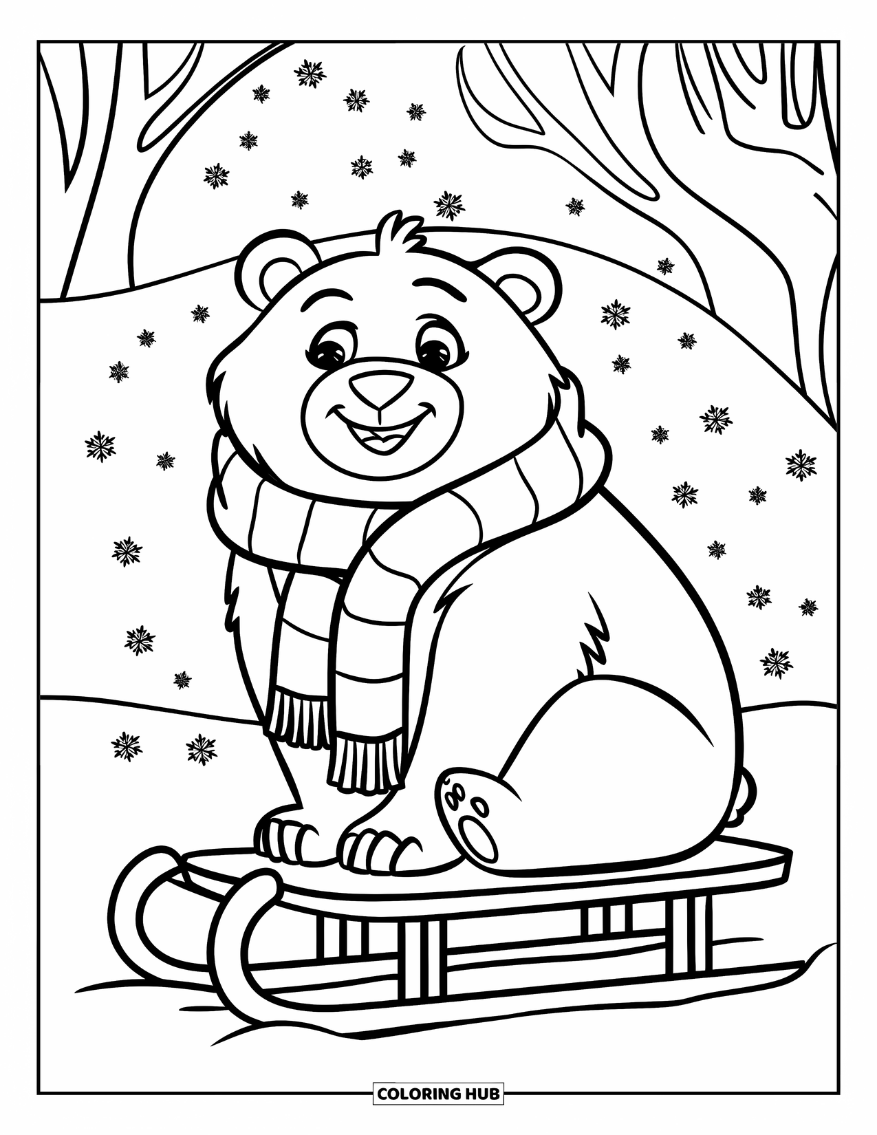 Winter Kleurplaat voor Kinderen: Een gezellige beer in een warme sjaal, zittend op een slee met sneeuw die valt in een winterlandschap