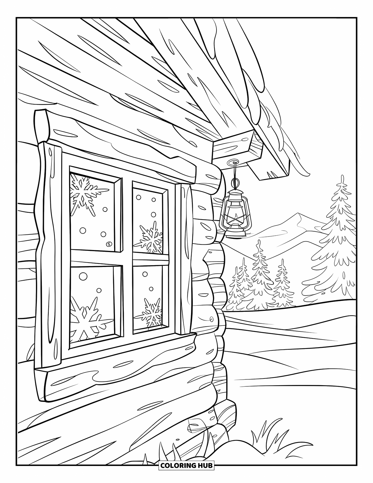 Winter Kleurplaat voor Kinderen: Een gezellige hut genesteld in de sneeuw, met met vorst bedekte ramen en een lantaarn die gloeit in de kou
