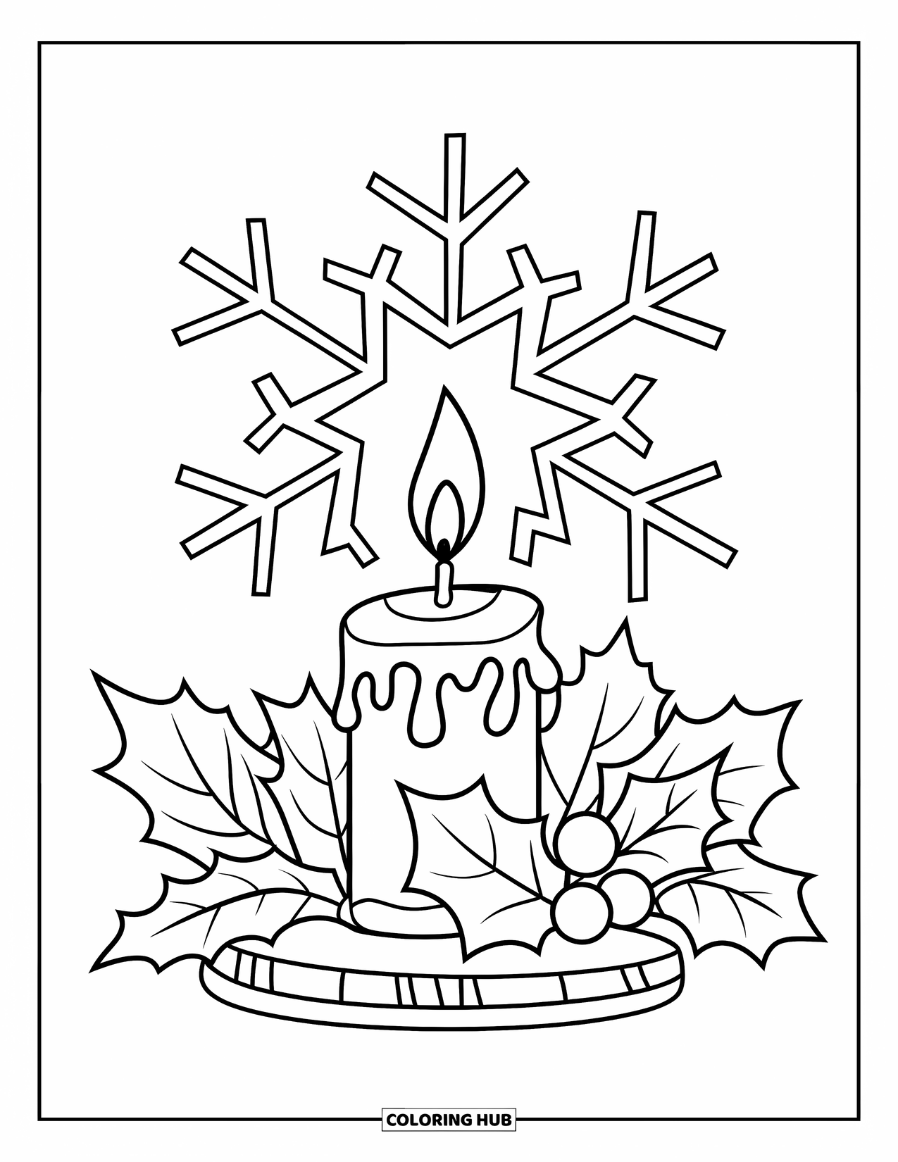 Winter Kleurplaat voor Kinderen: Een gezellige kaars met winterbladeren en hulst, geplaatst op een houten voet met een sneeuwvlok in de buurt