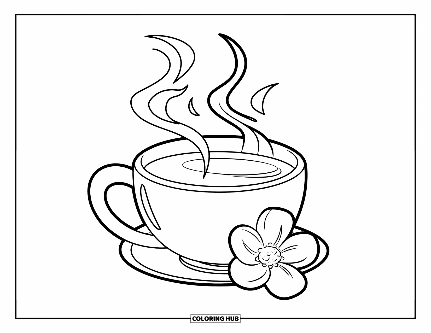 Winter Kleurplaat voor Kinderen: Een gezellige mok thee met zachte stoom die opstijgt, vergezeld van een kleine, delicate bloem