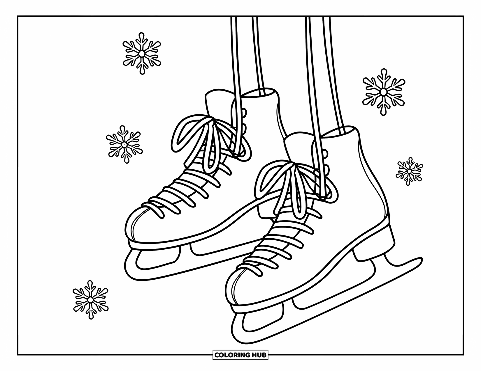 Winter Kleurplaat voor Kinderen: Een gezellig paar schaatsen met gebogen messen, hangend tussen zwevende sneeuwvlokken