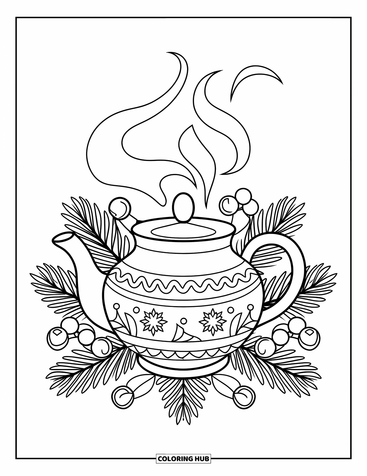 Winter Kleurplaat voor Kinderen: Een gezellige theepot met ingewikkelde winterpatronen, rustend tussen dennentakken en delicate bessen