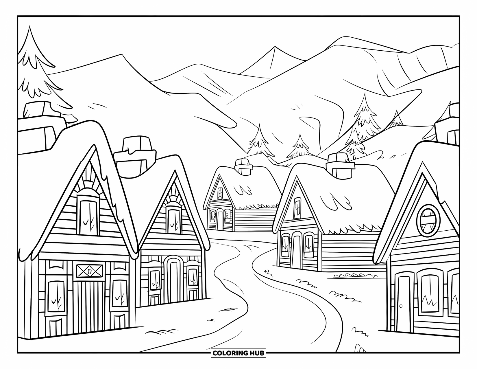 Winter Kleurplaat voor Kinderen: Een gezellig dorp met besneeuwde daken, een kronkelend pad en verre bergen op de achtergrond